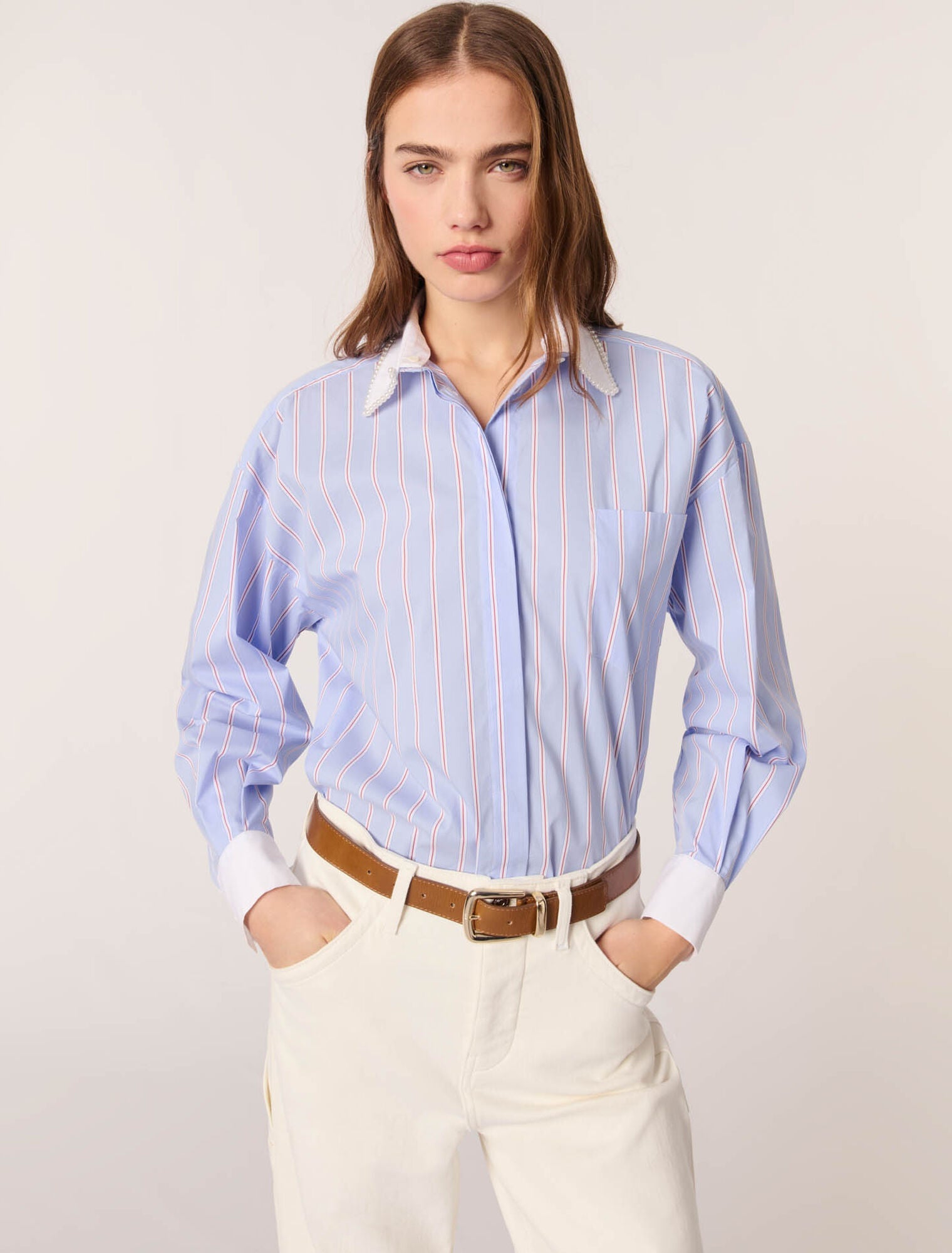 Light Blue Stripes-Striped Shirt With Beaded Collar