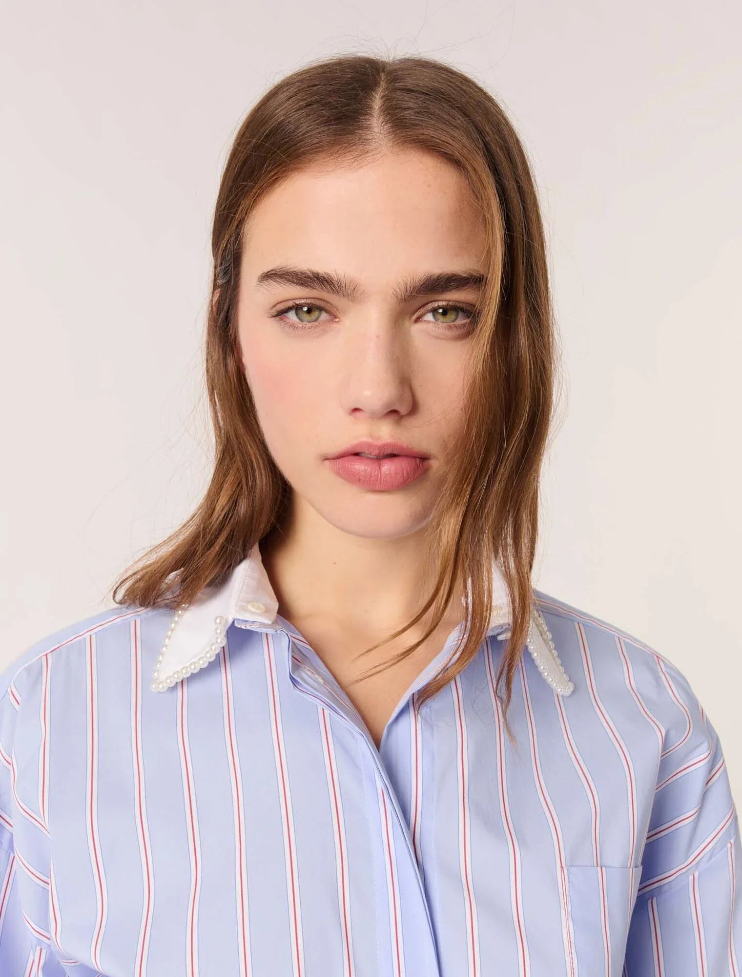 Light Blue Stripes-Striped Shirt With Beaded Collar