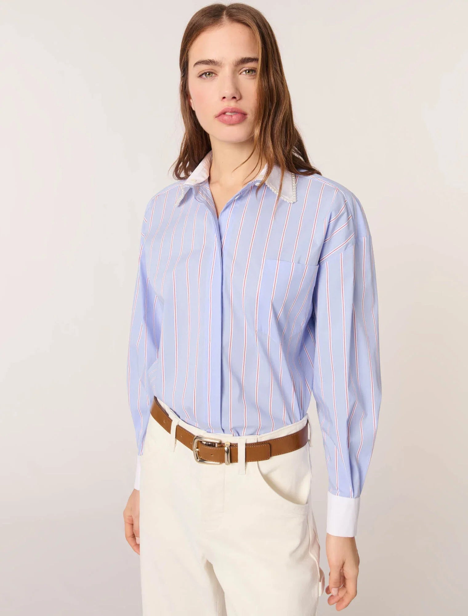 Light Blue Stripes-Striped Shirt With Beaded Collar