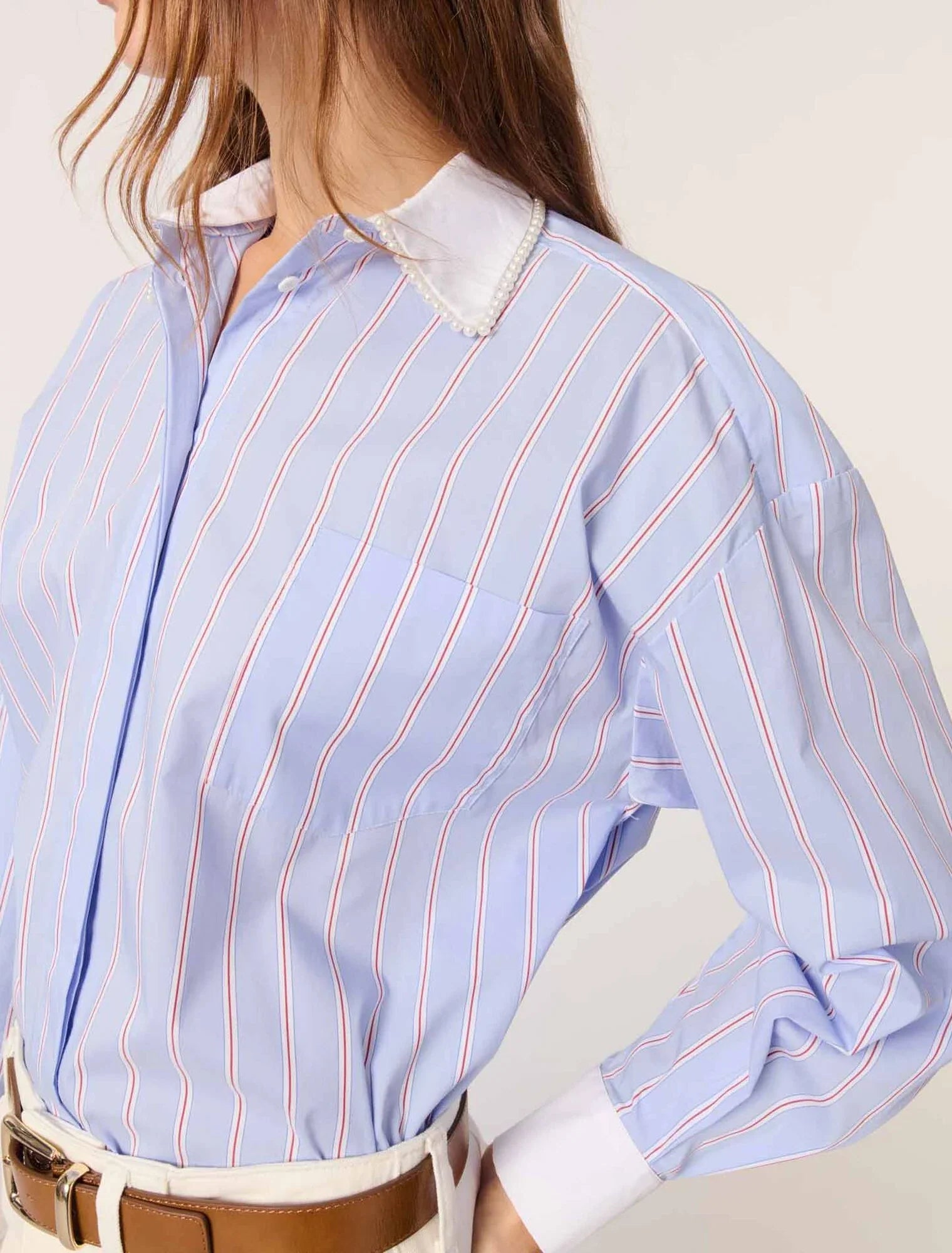 Light Blue Stripes-Striped Shirt With Beaded Collar