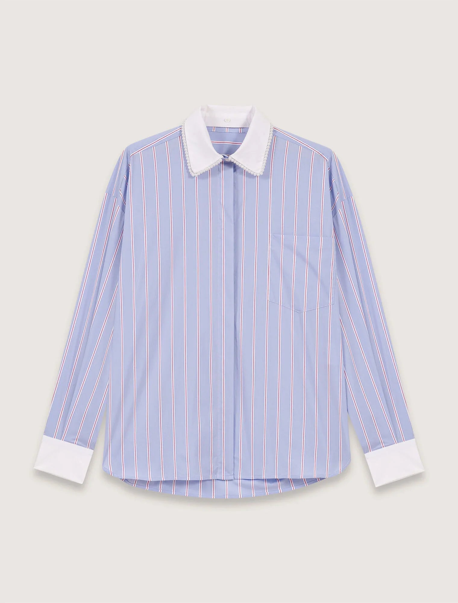 Light Blue Stripes-Striped Shirt With Beaded Collar