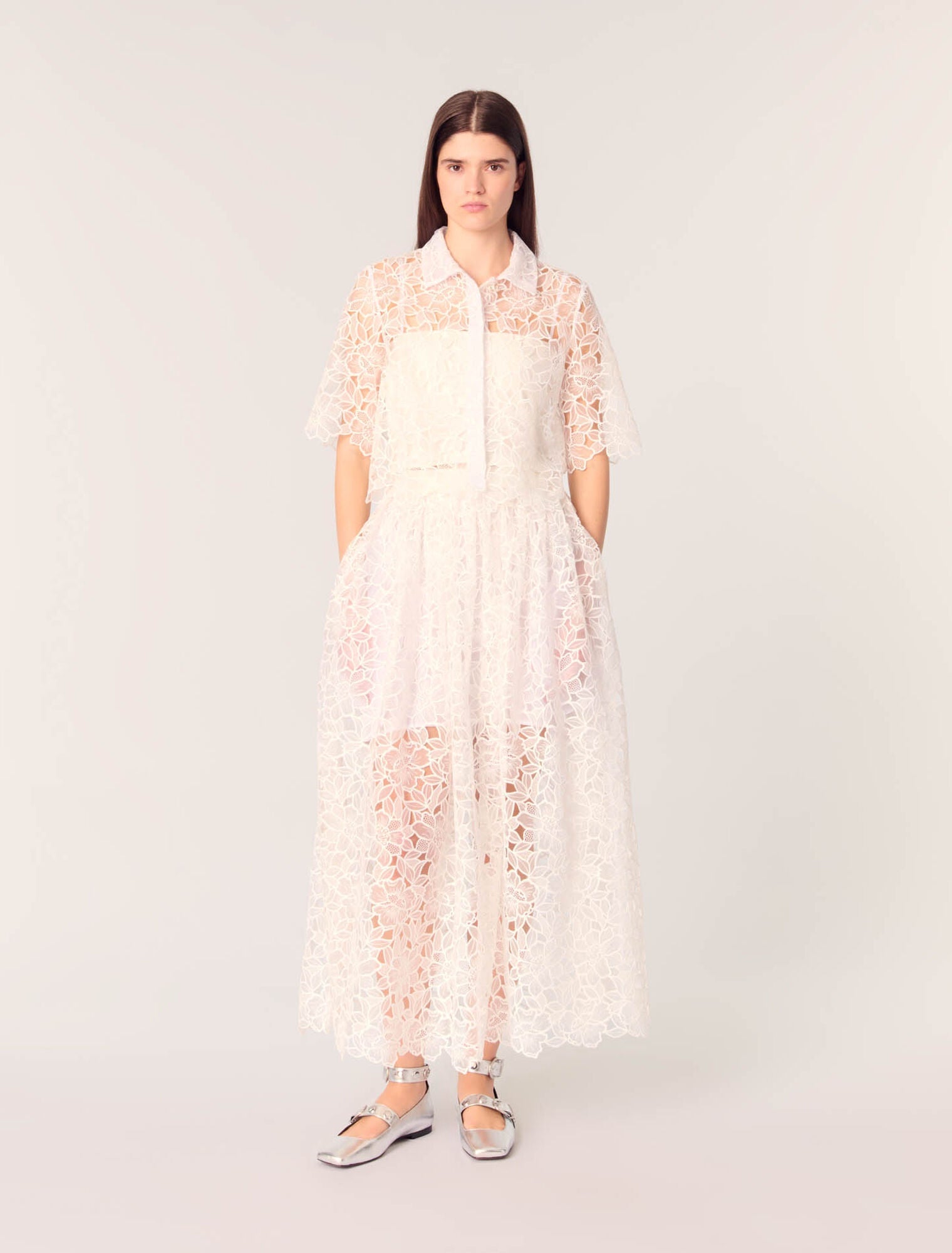 White-featured-Cropped Floral Guipure Shirt
