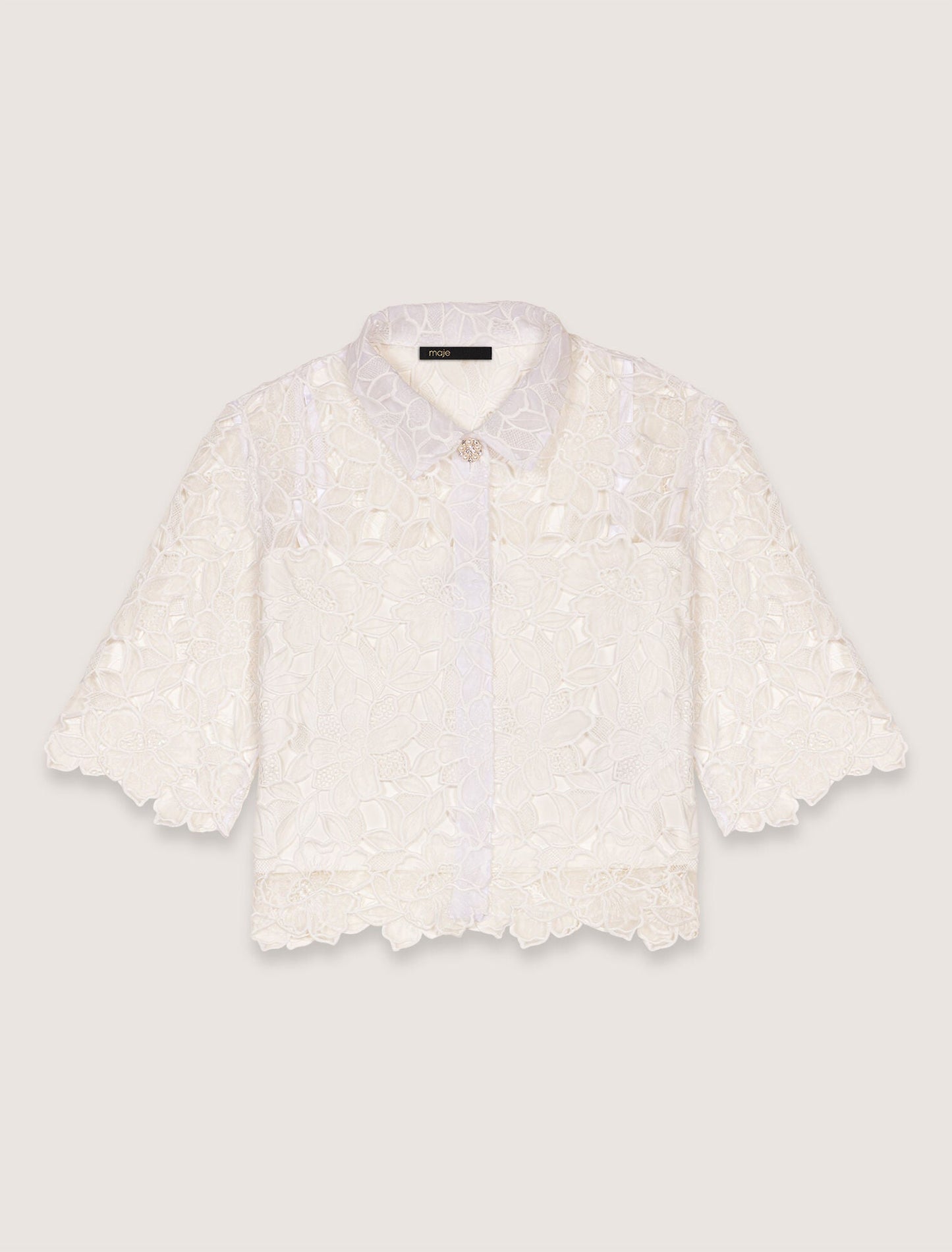 White-Cropped Floral Guipure Shirt