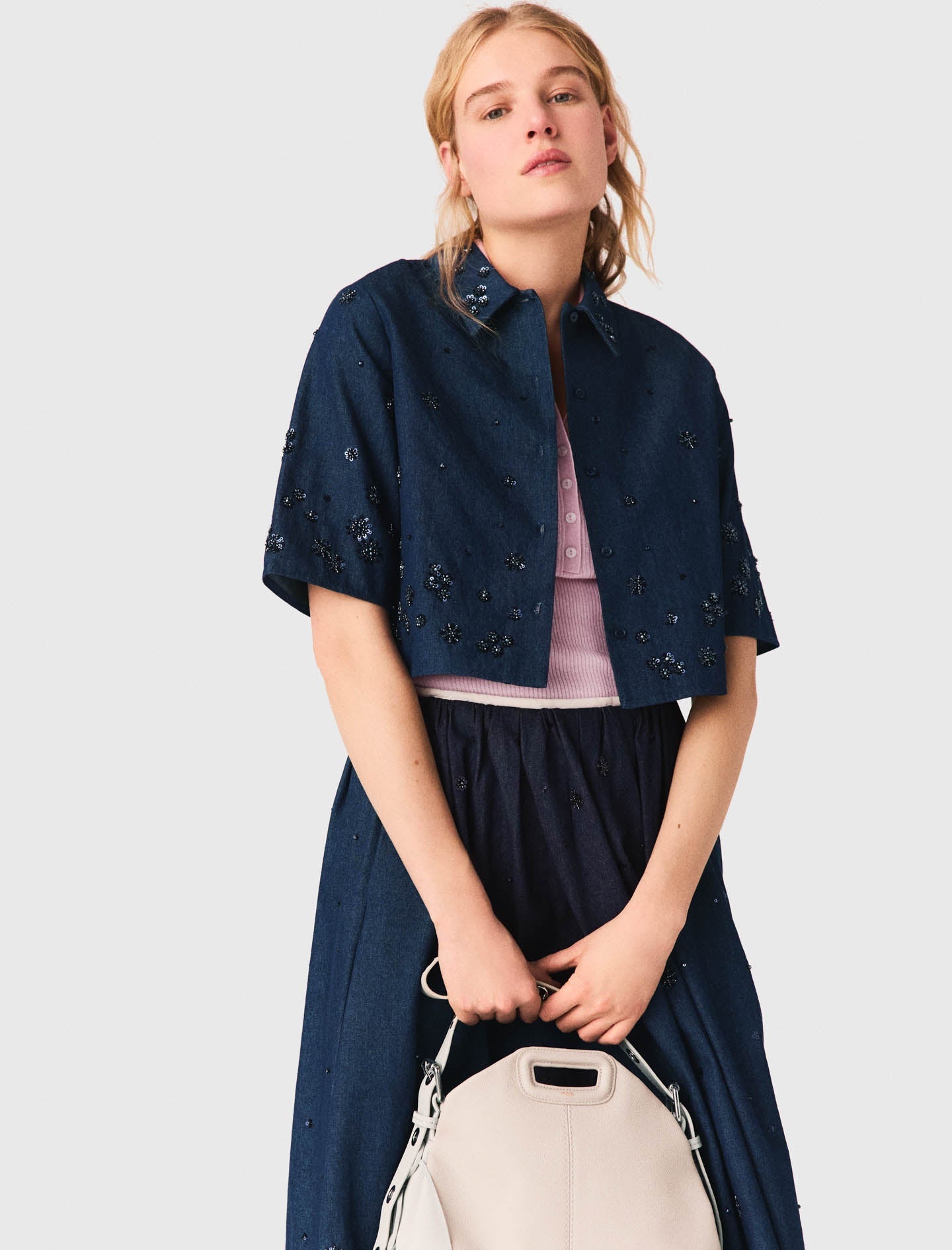 Embroidered Cropped Denim Shirt NAVY