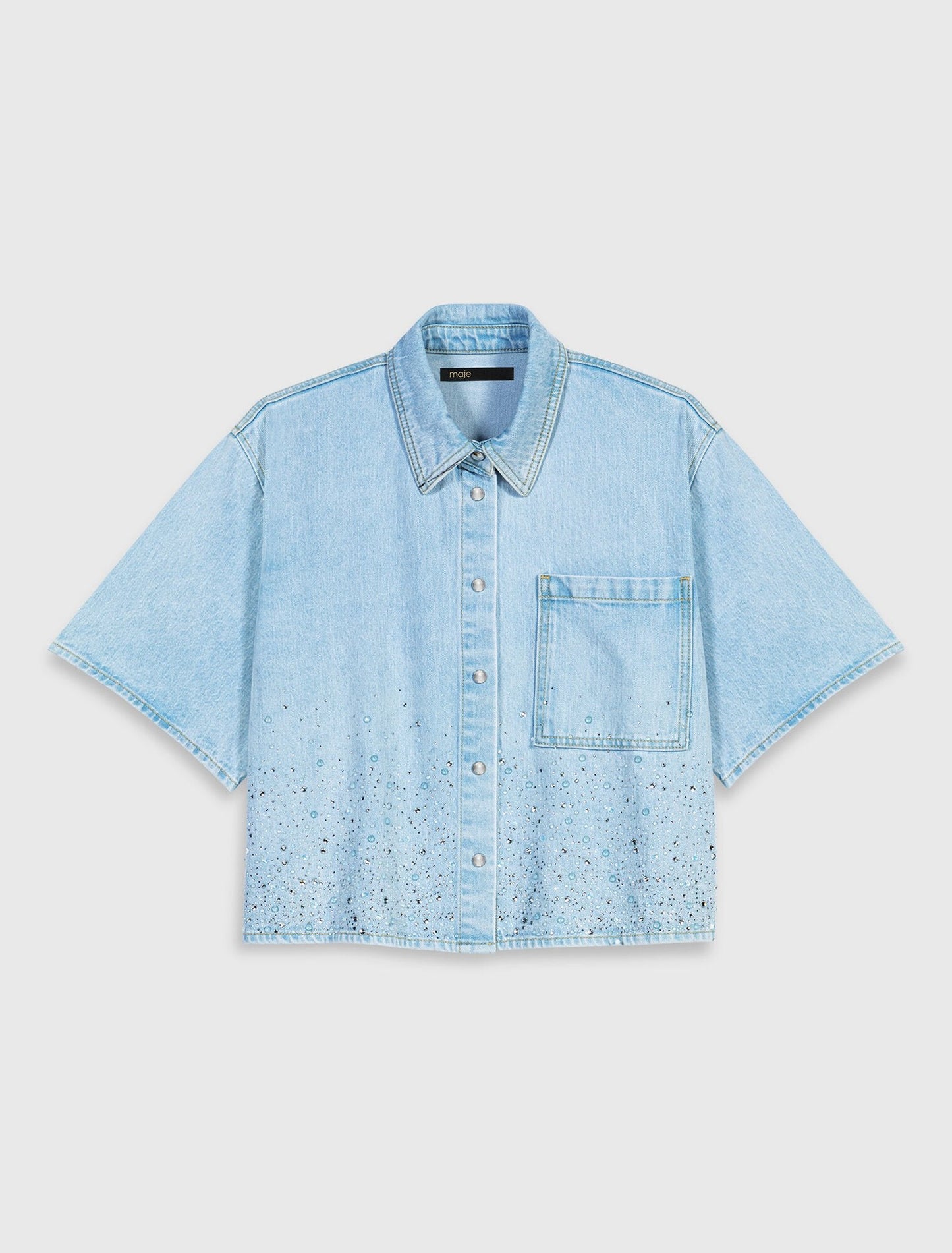 Cropped Rhinestone Denim Shirt Blue Sky