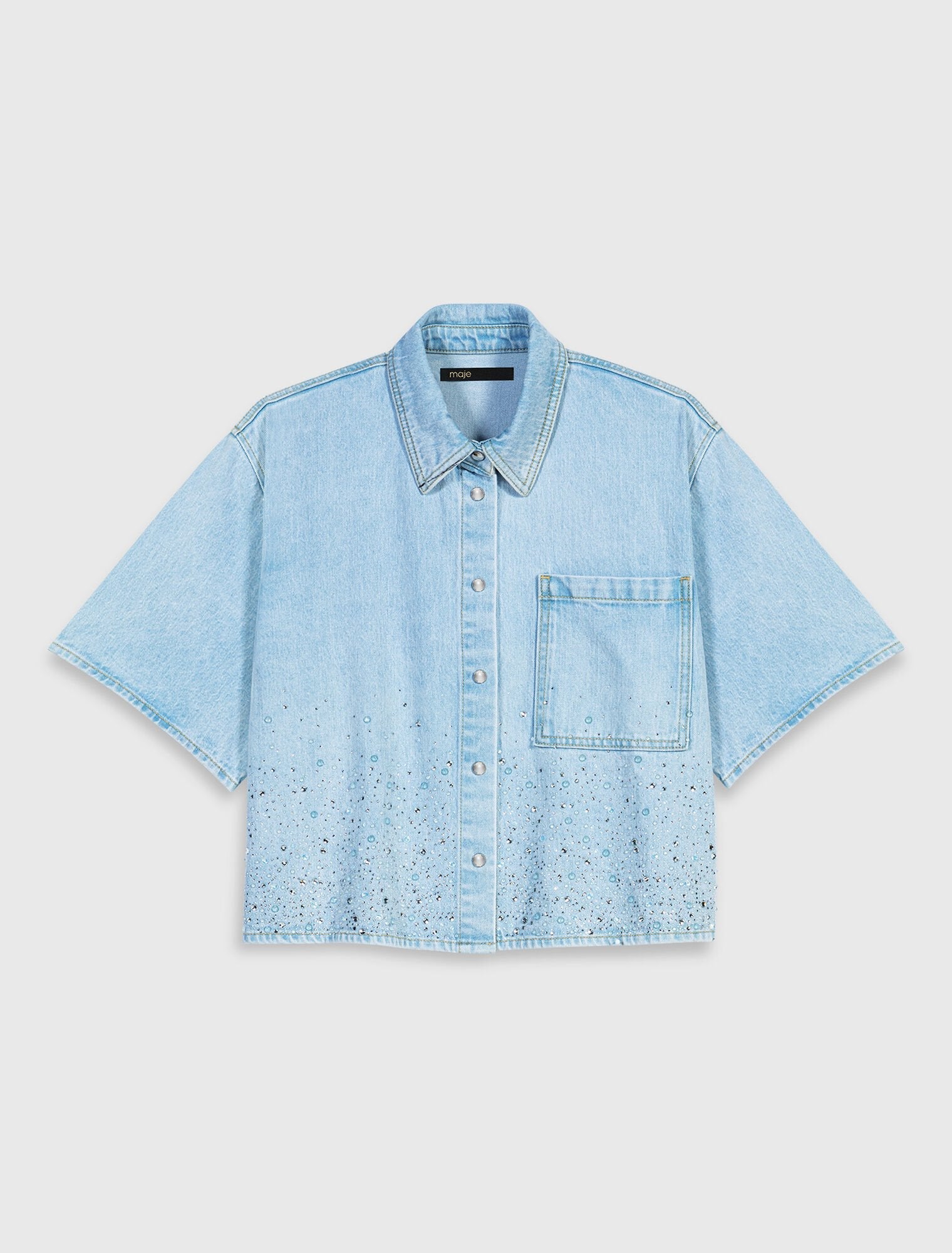 Cropped Rhinestone Denim Shirt Blue Sky