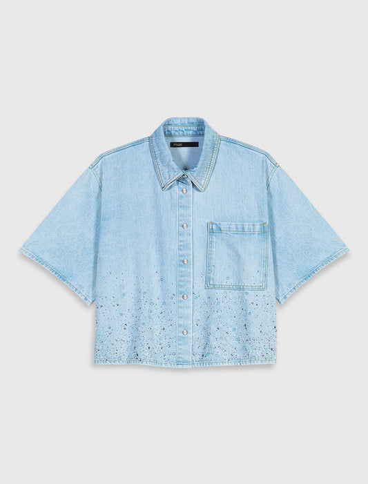 Cropped Rhinestone Denim Shirt Blue Sky