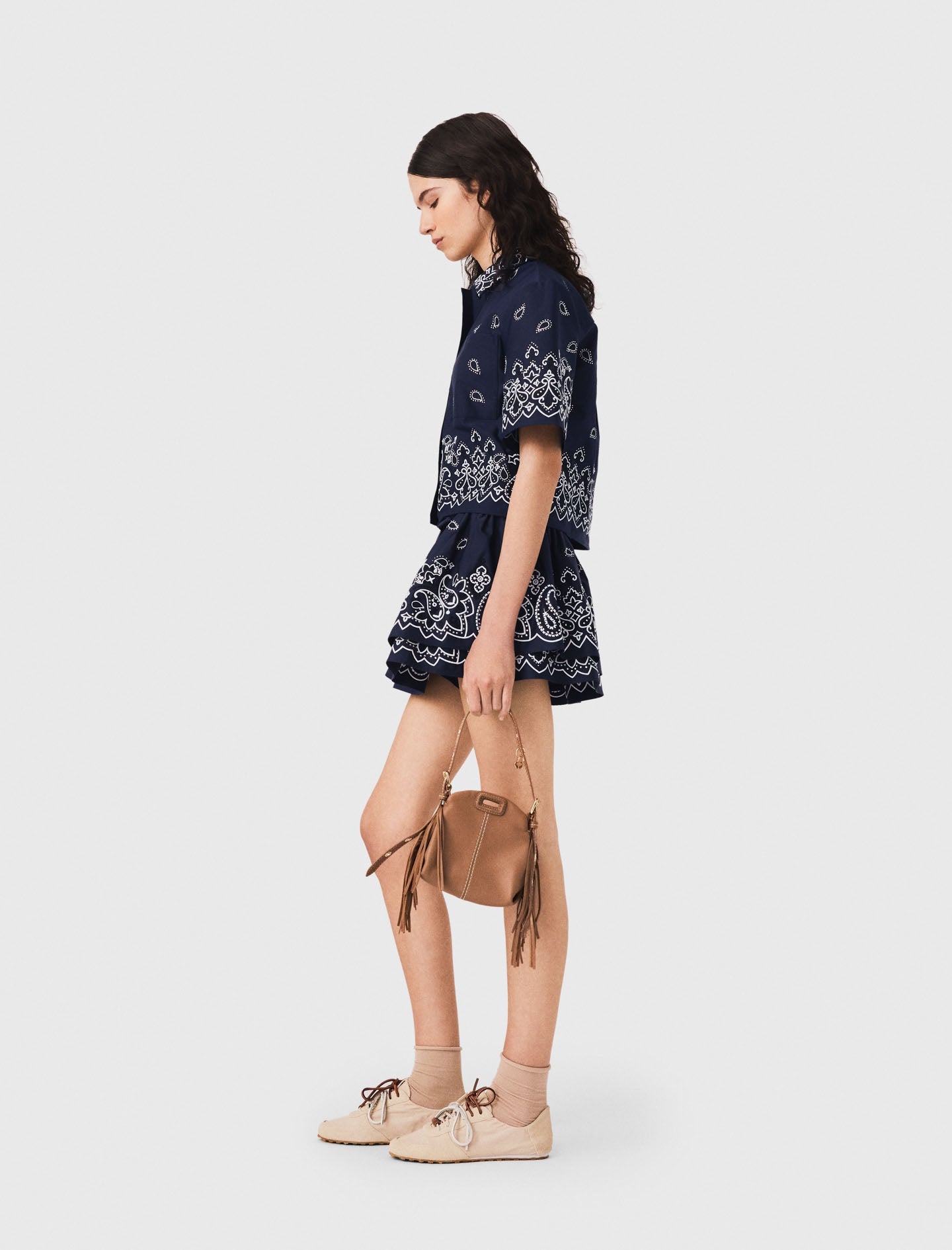 Short embroidered taffeta shirt Navy Bandana Embroidered