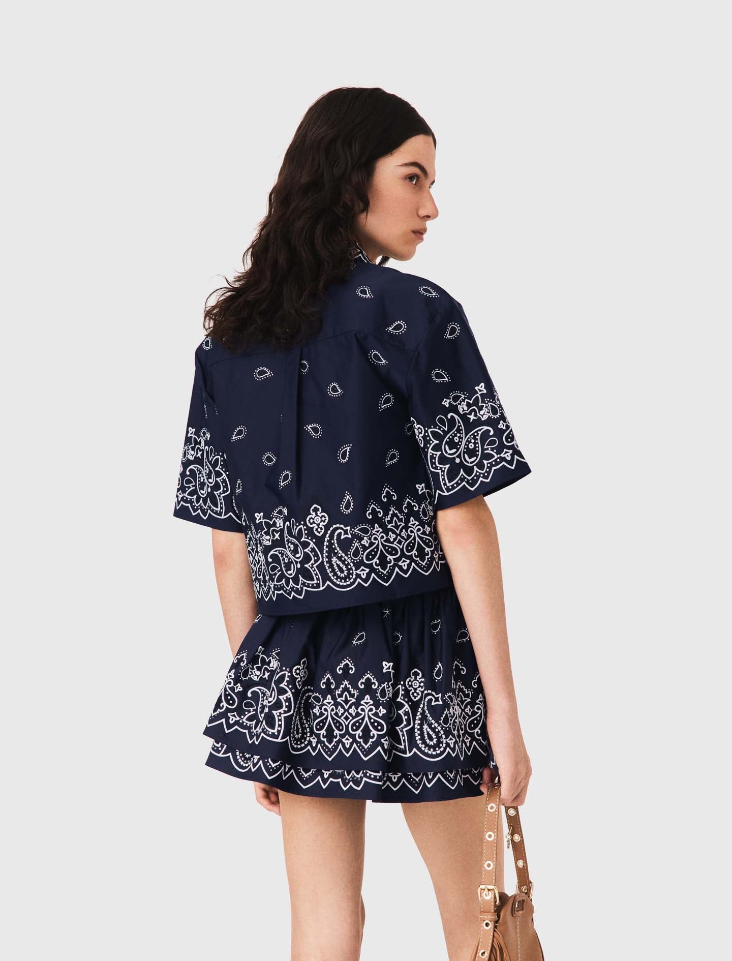 Short embroidered taffeta shirt Navy Bandana Embroidered