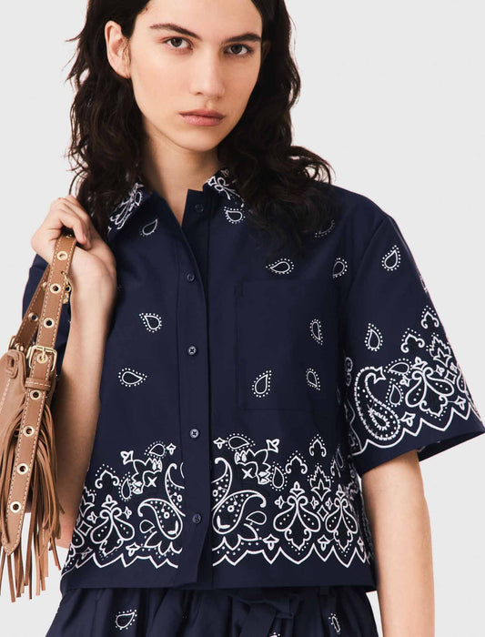 Short embroidered taffeta shirt Navy Bandana Embroidered