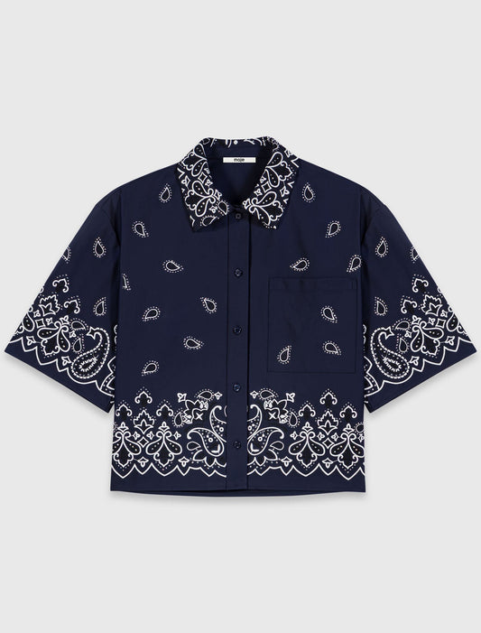 Short embroidered taffeta shirt Navy Bandana Embroidered