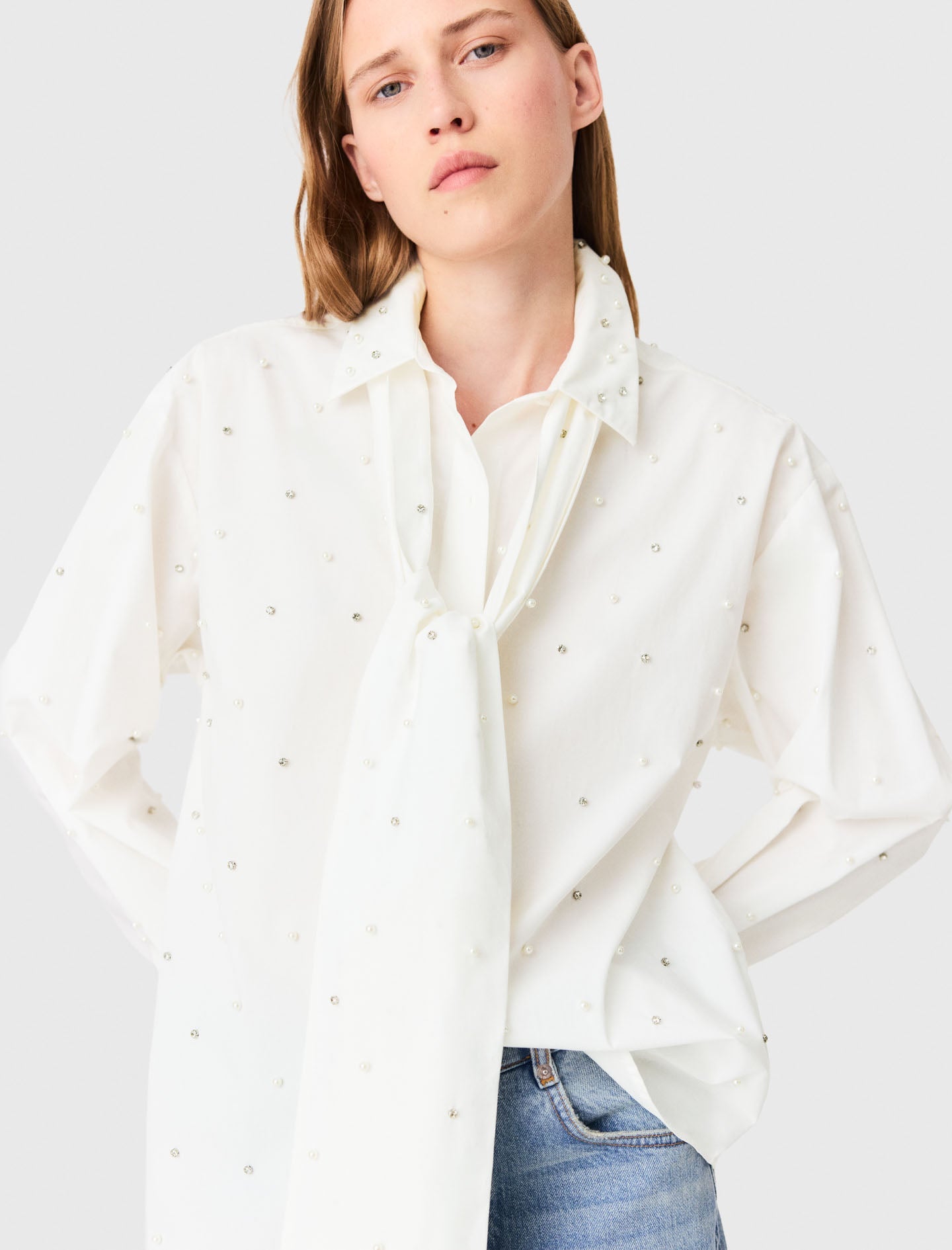 Rhinestone shirt with tie White