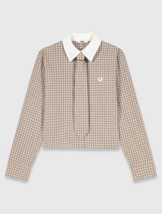 Short rhinestone checked shirt Beige