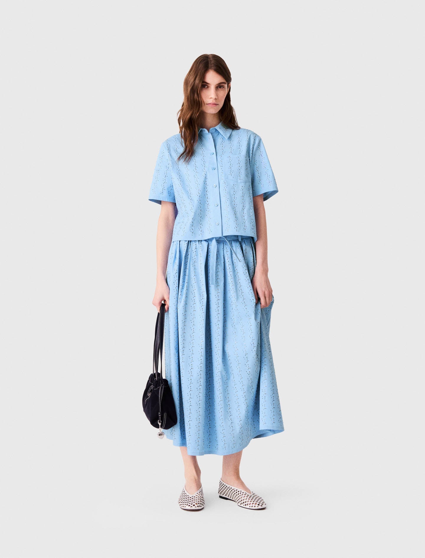 Cropped rhinestone cotton shirt Blue Sky