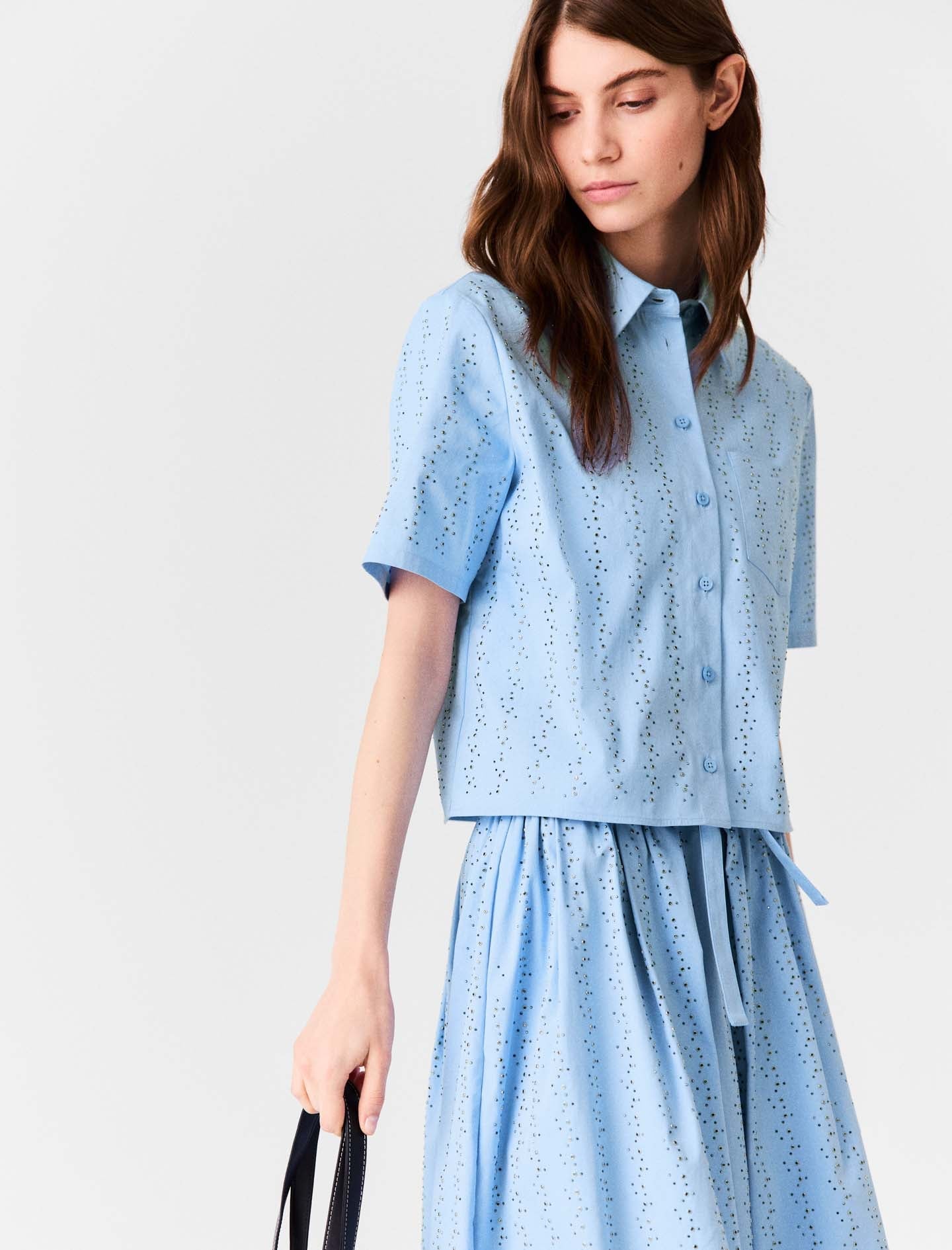 Cropped rhinestone cotton shirt Blue Sky