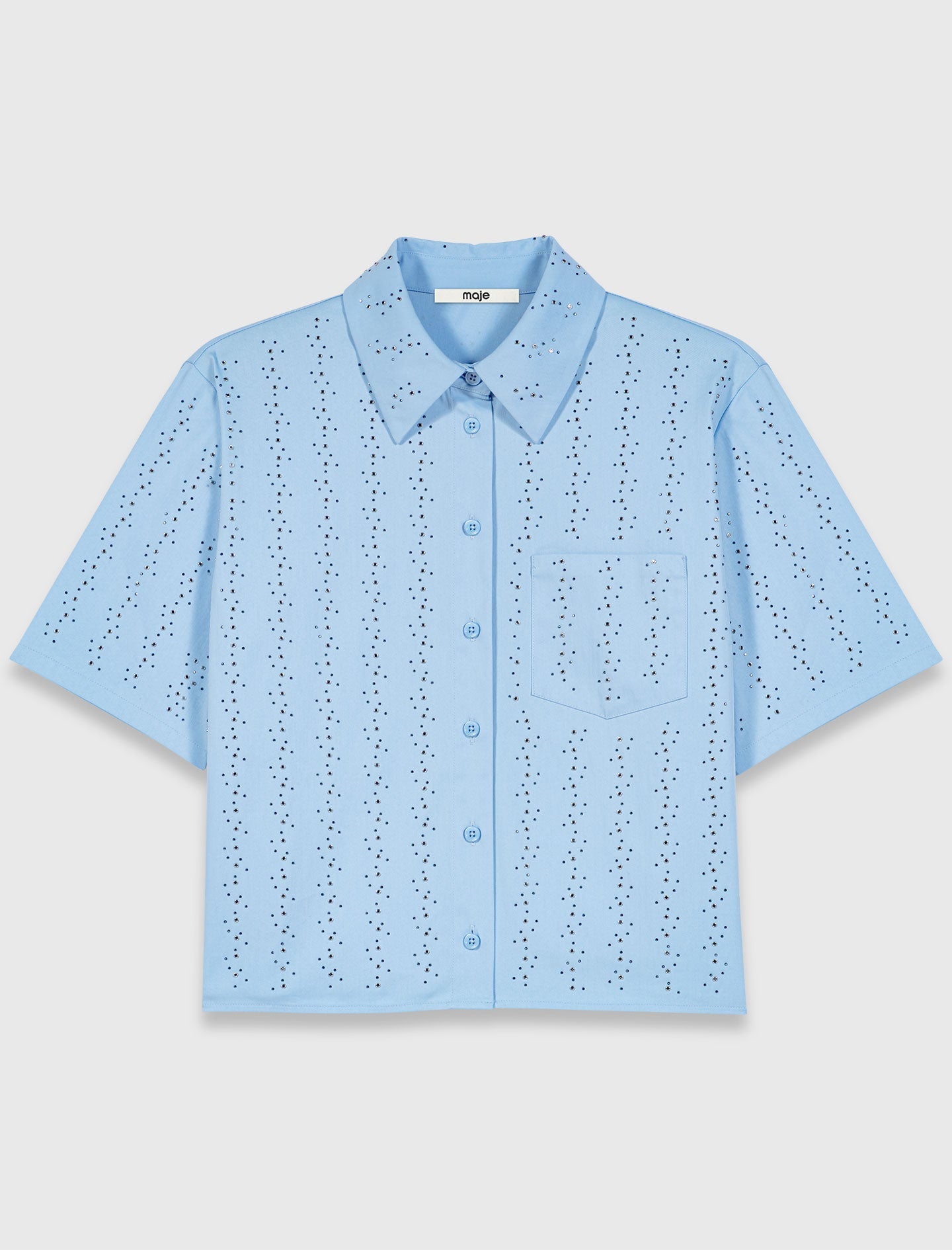 Cropped rhinestone cotton shirt Blue Sky
