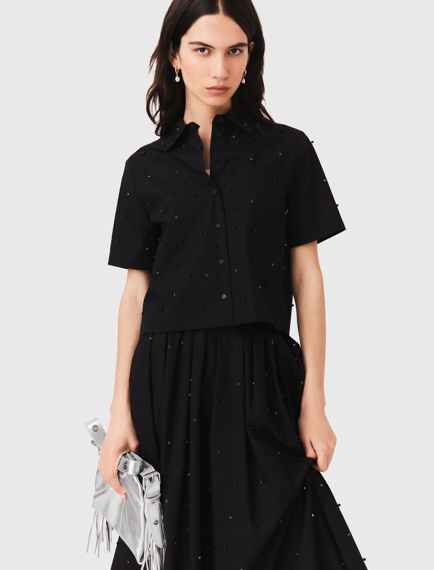 Short flared denim skirt Black