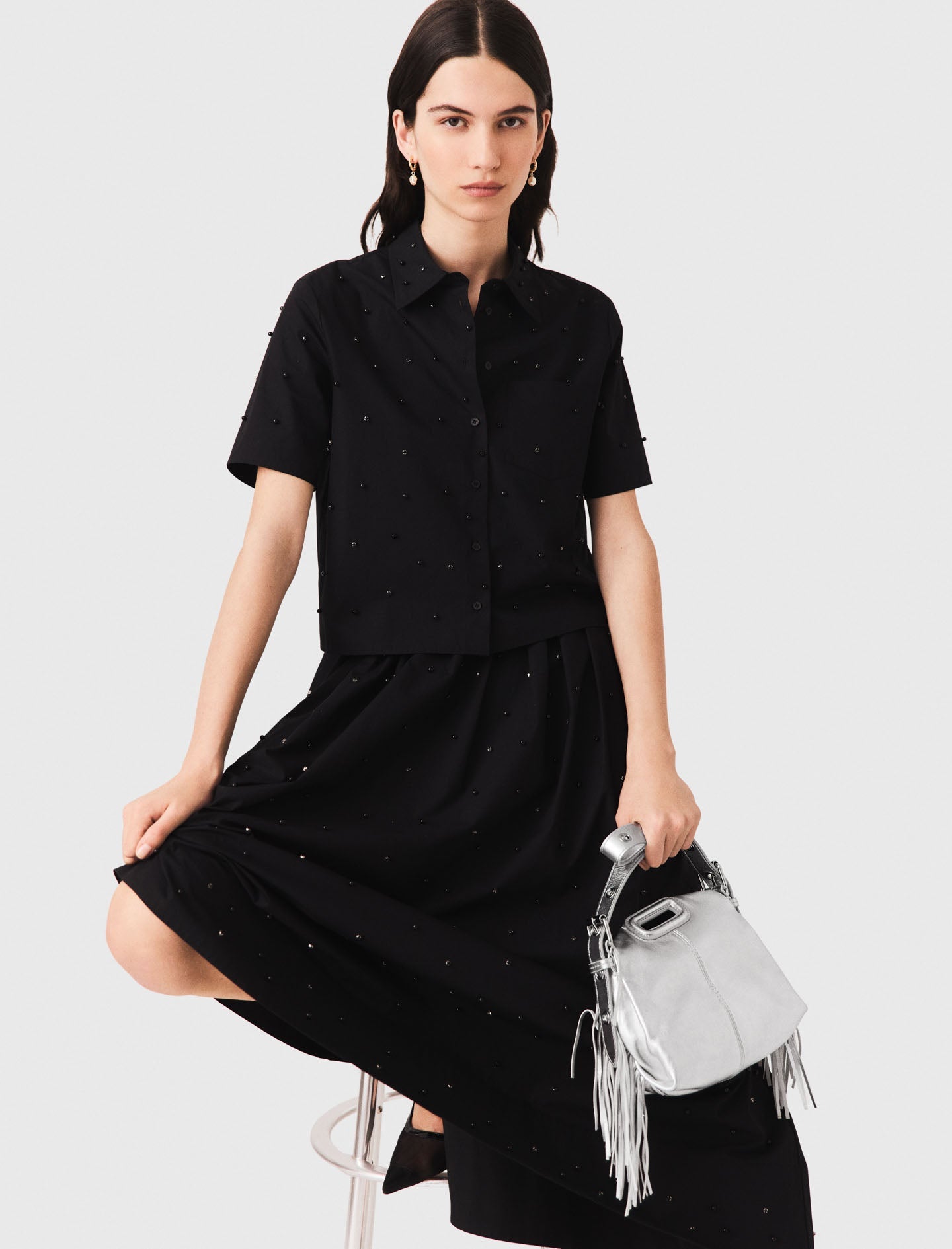 Short flared denim skirt Black