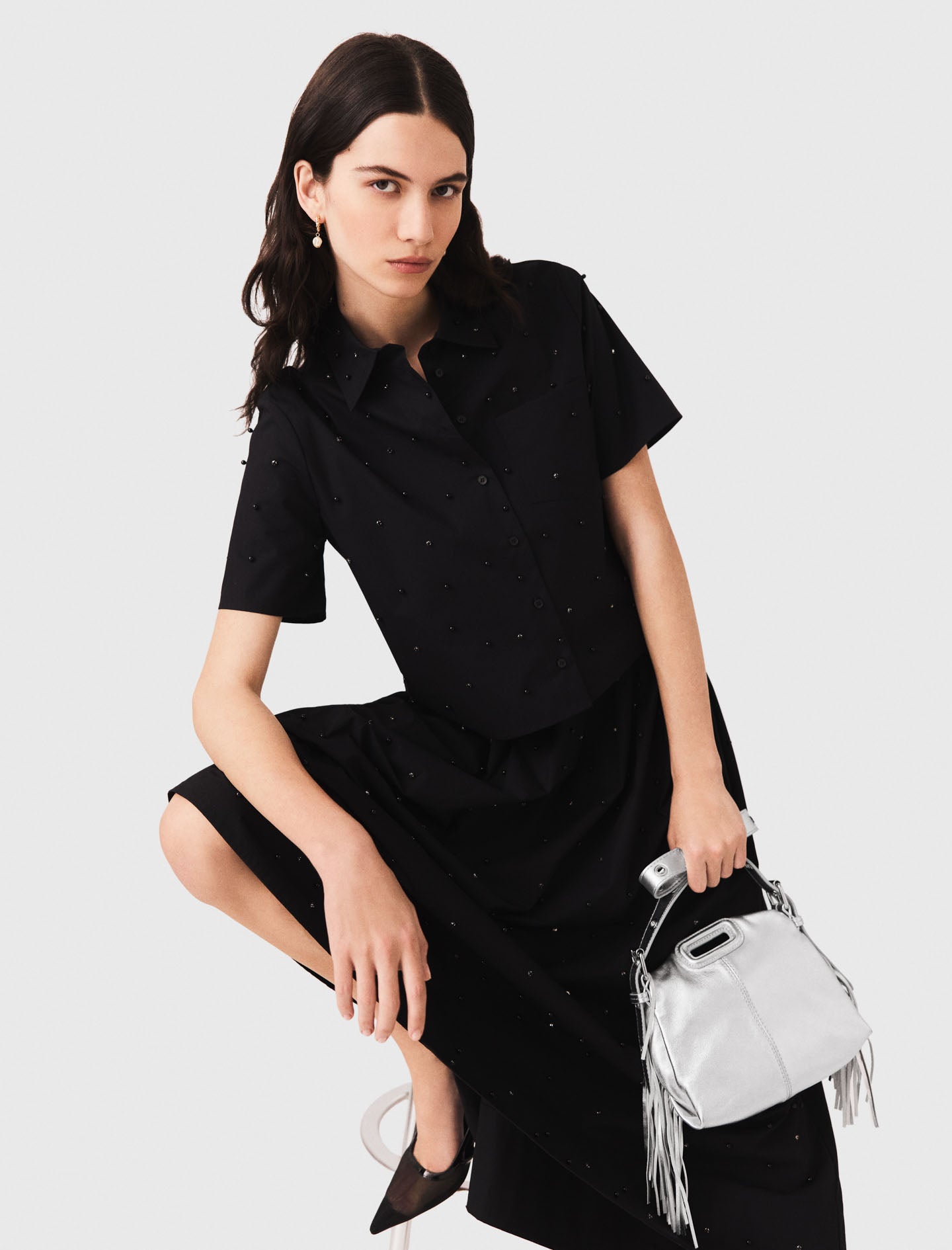 Short flared denim skirt Black