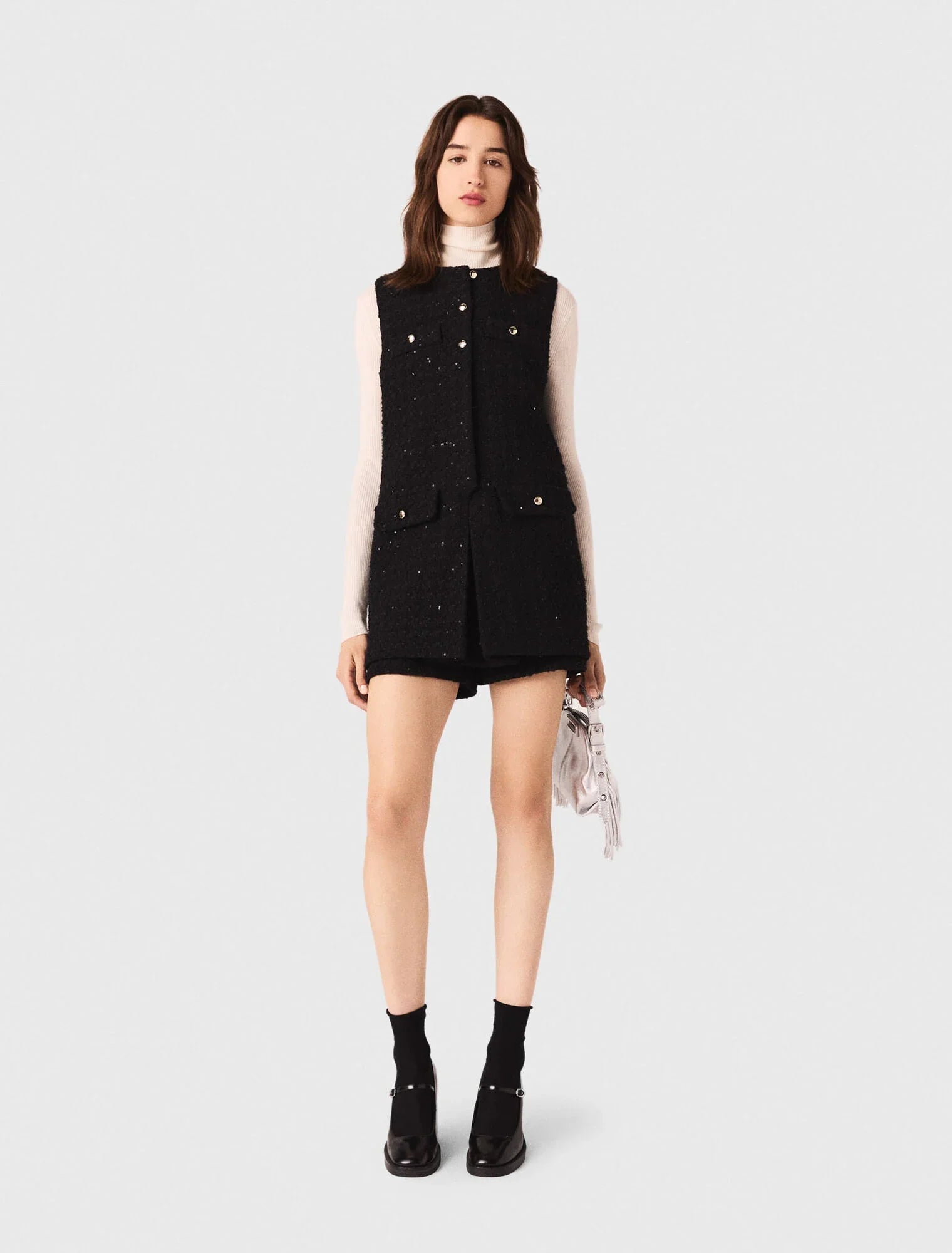 mfpco00357 tweed playsuit with rhinestones black