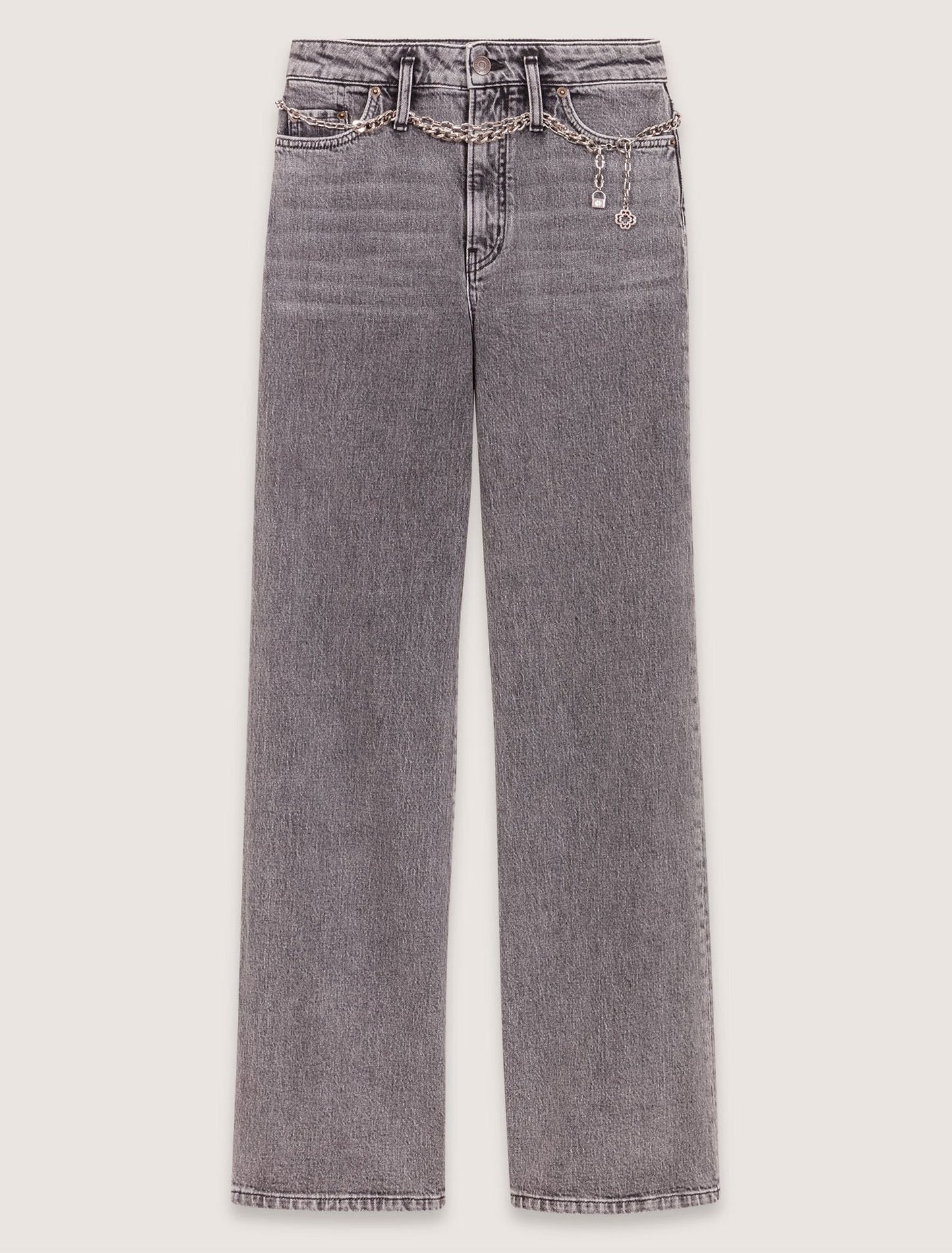Grey-Wide-Leg Jeans With Chain-Link Belt