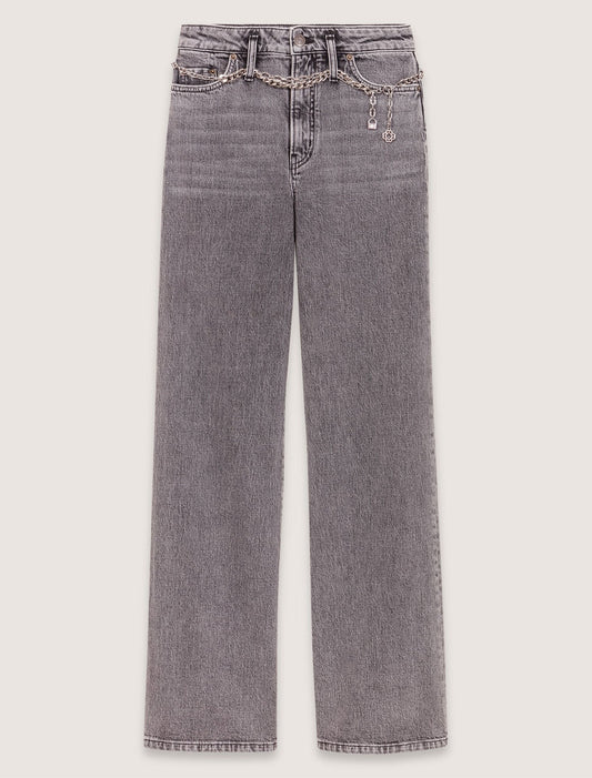 Grey-Wide-Leg Jeans With Chain-Link Belt