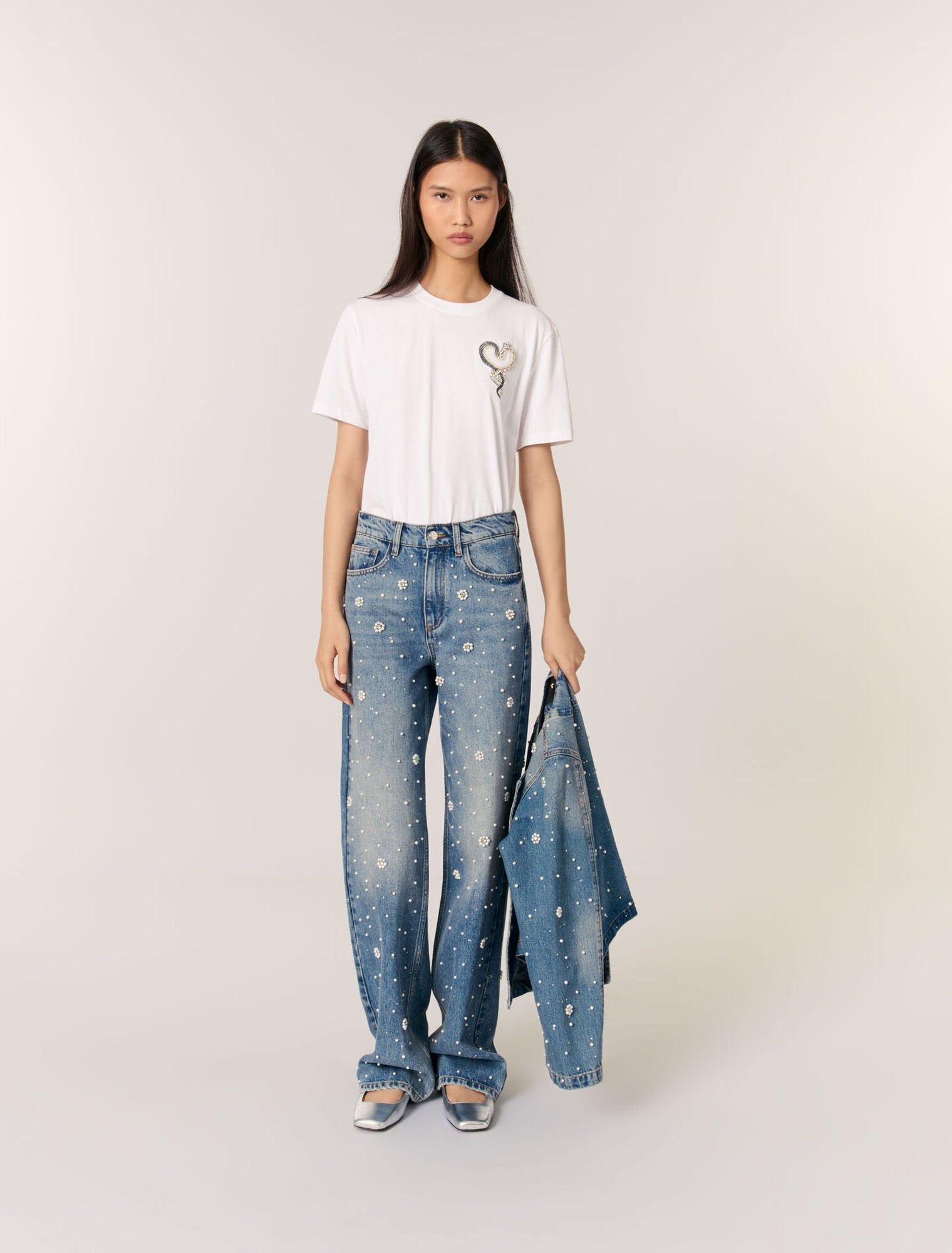 Blue featured Wide-leg embroidered jeans