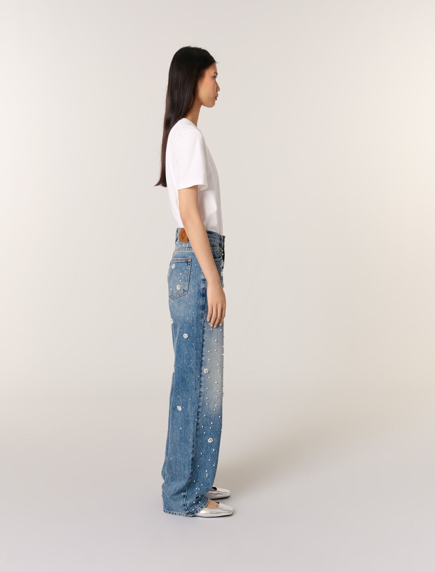 Blue Wide-leg embroidered jeans