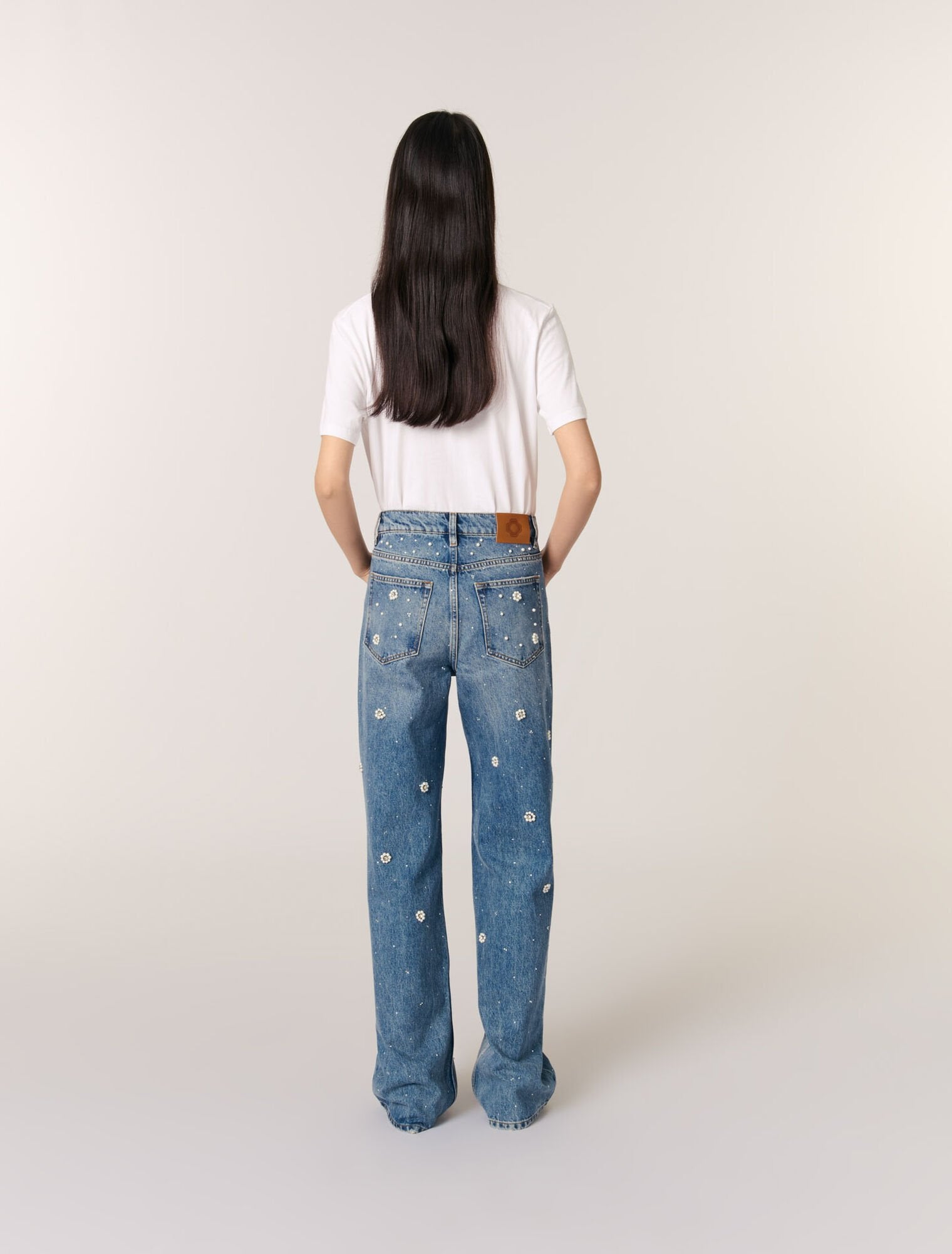 Blue Wide-leg embroidered jeans