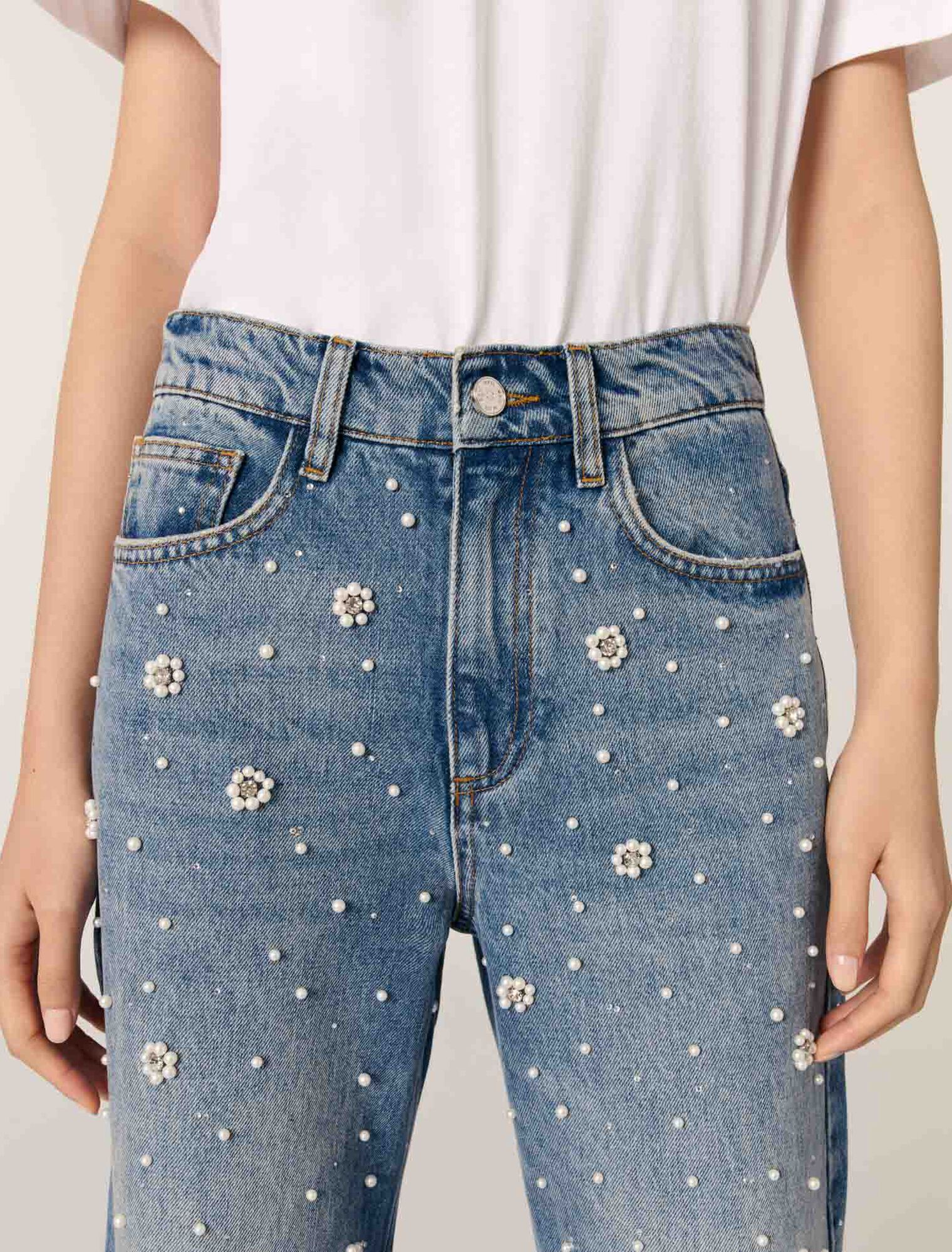 Blue Wide-leg embroidered jeans