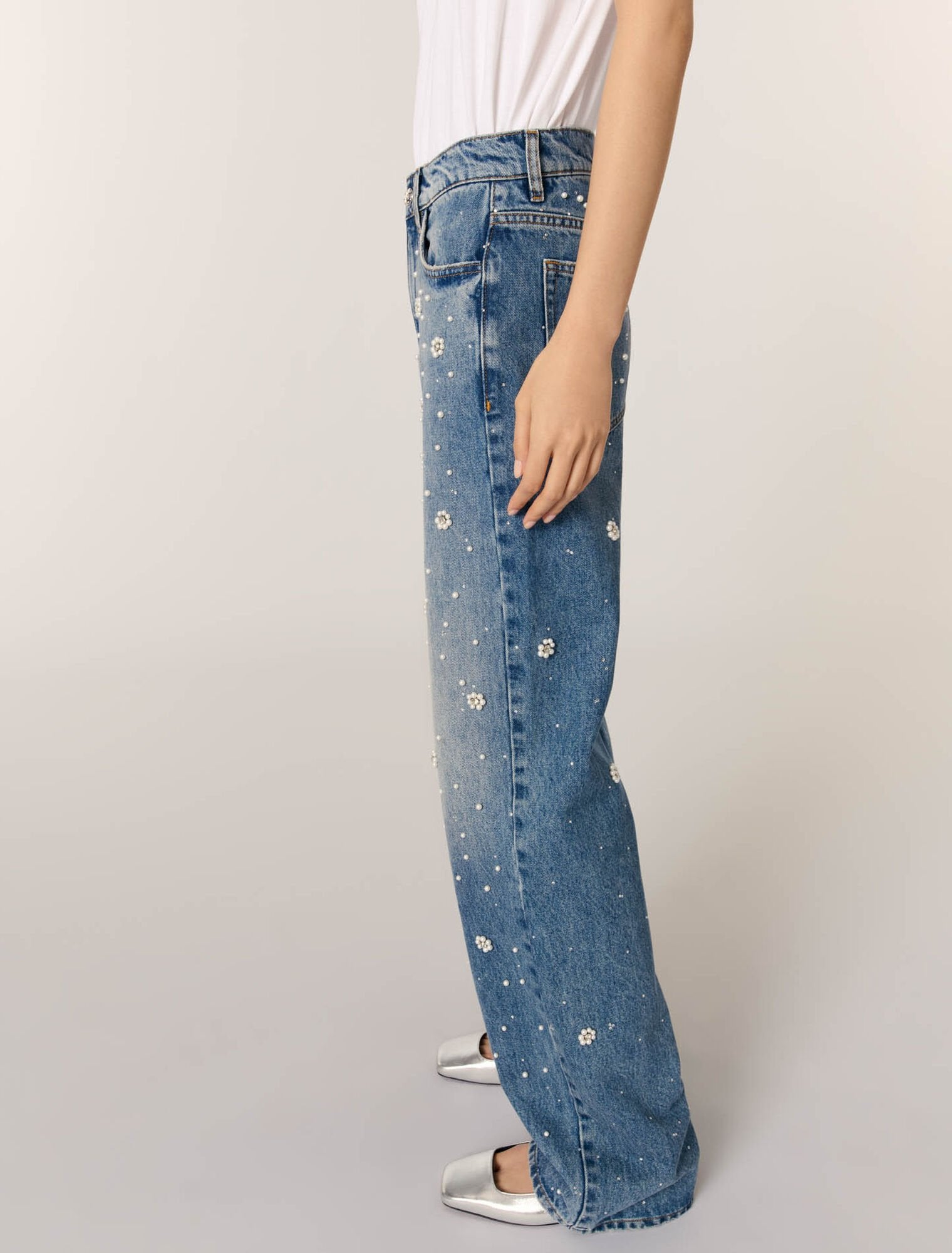 Blue Wide-leg embroidered jeans