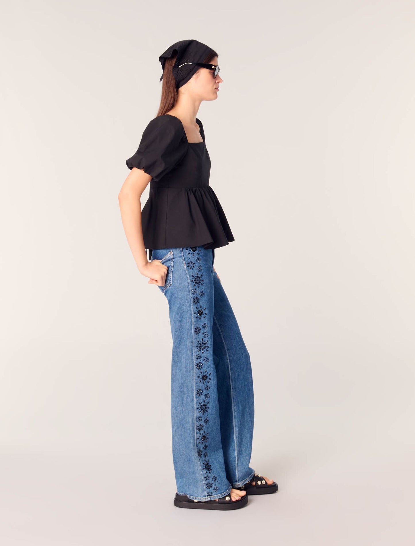 Blue-Embroidered Jeans With Rhinestones