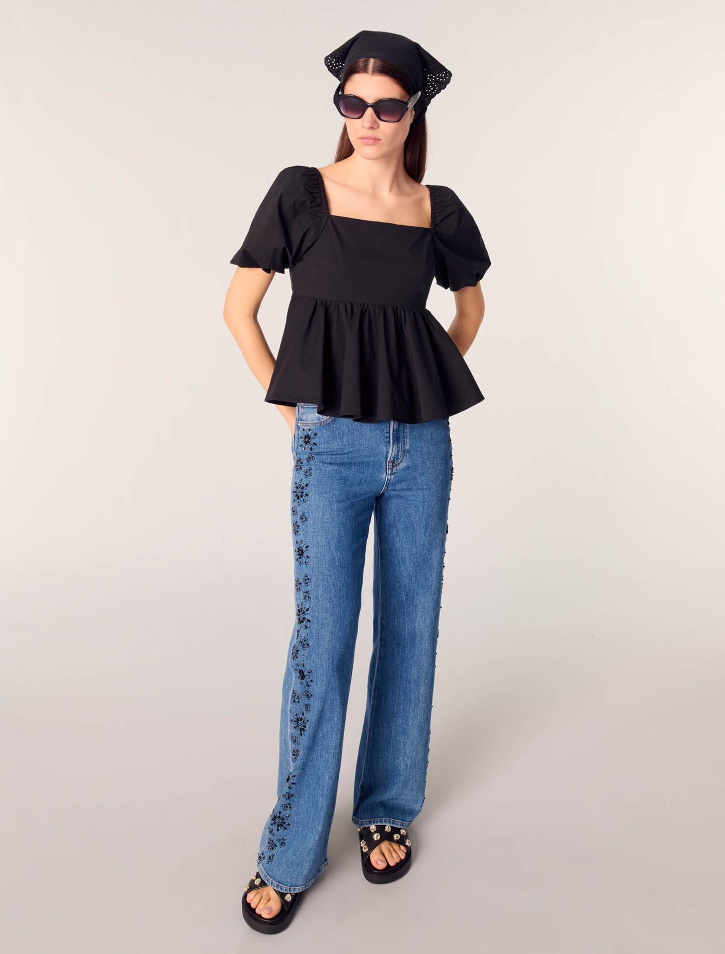 Blue-Embroidered Jeans With Rhinestones