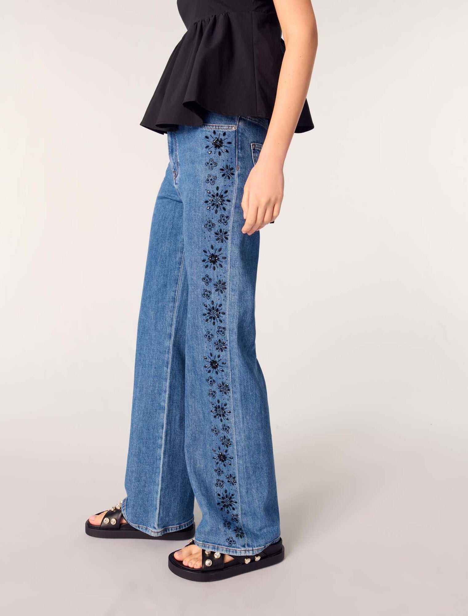 Blue-Embroidered Jeans With Rhinestones