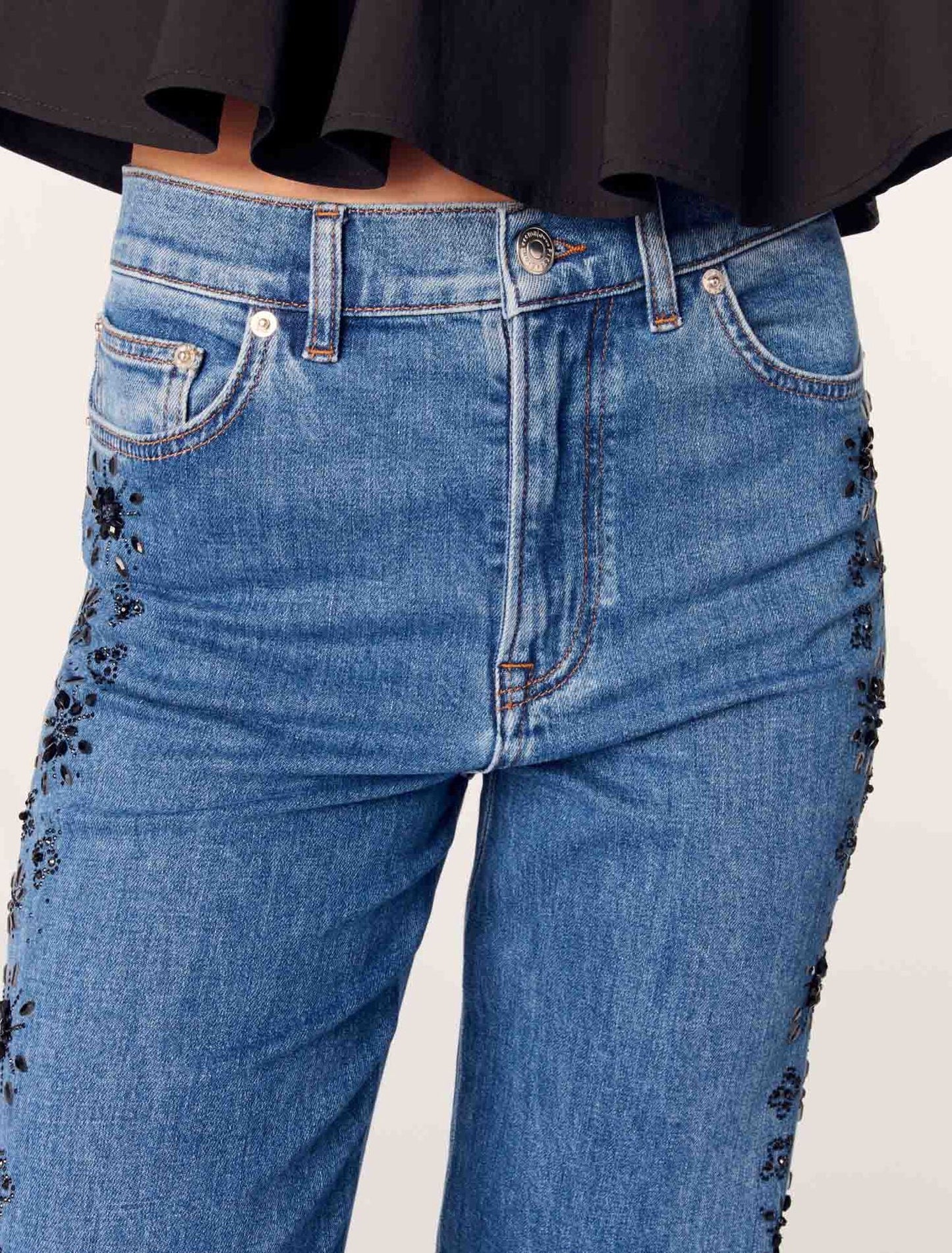 Blue-Embroidered Jeans With Rhinestones