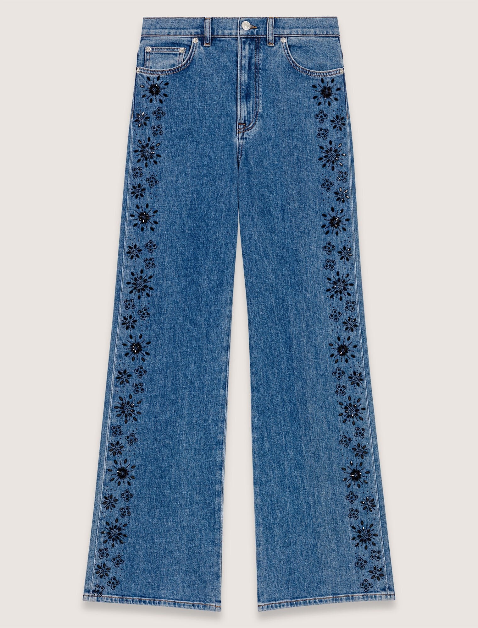 Blue-Embroidered Jeans With Rhinestones