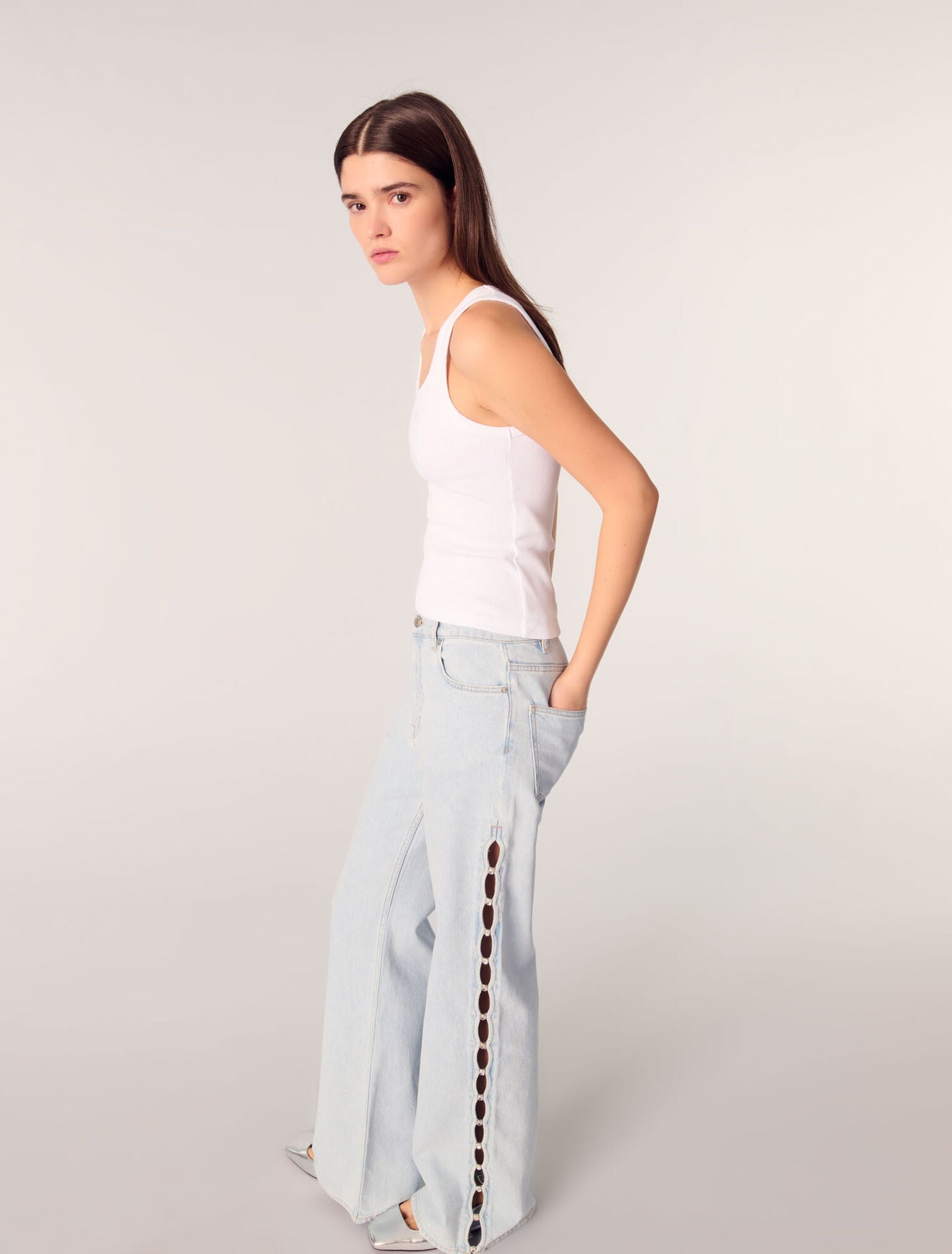 Blue Sky-Wide-Leg Rhinestone Cutaway Jeans
