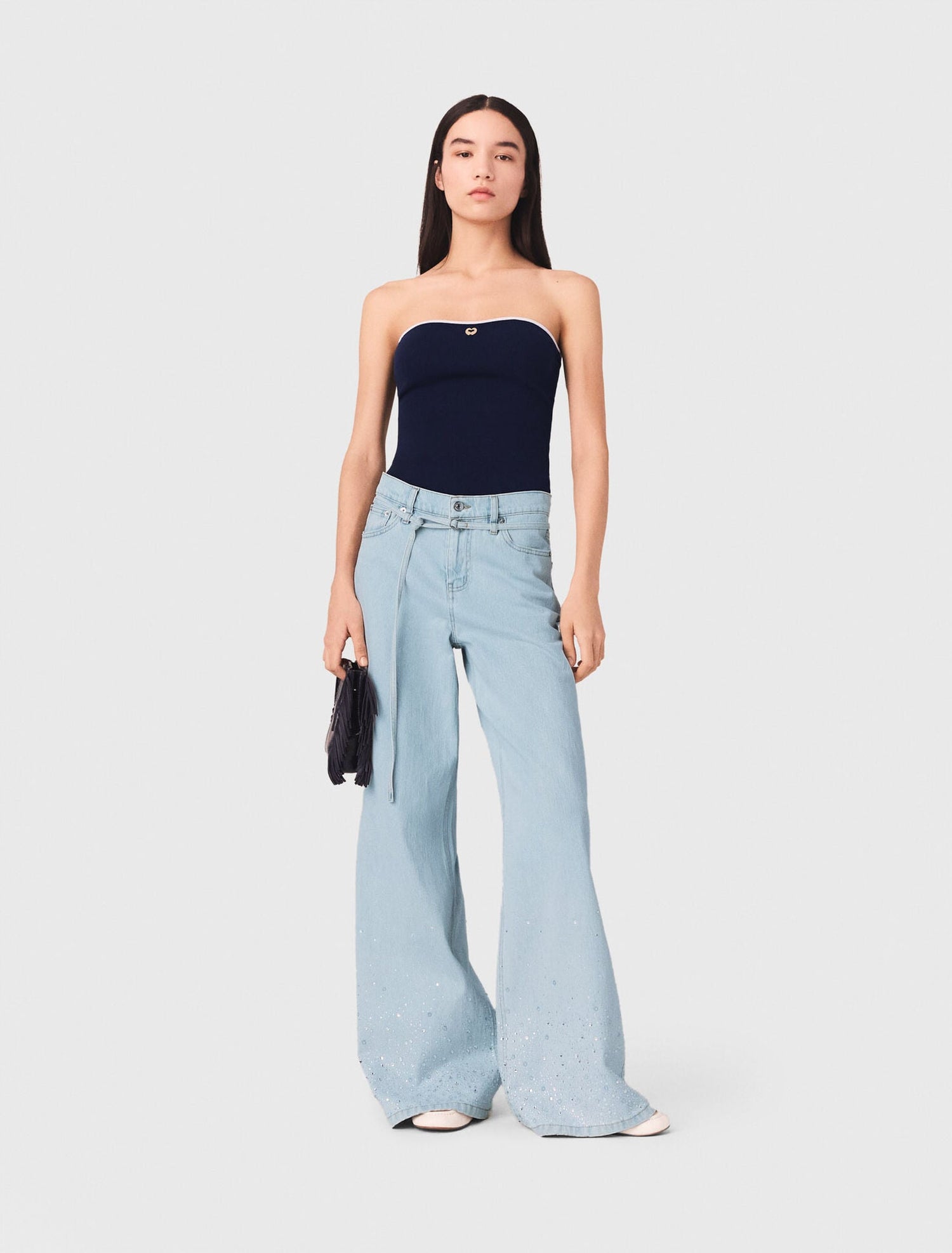 Wide-Leg Rhinestone Jeans Blue Sky