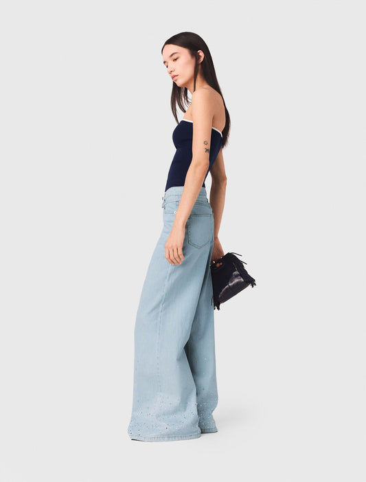 Wide-Leg Rhinestone Jeans Blue Sky