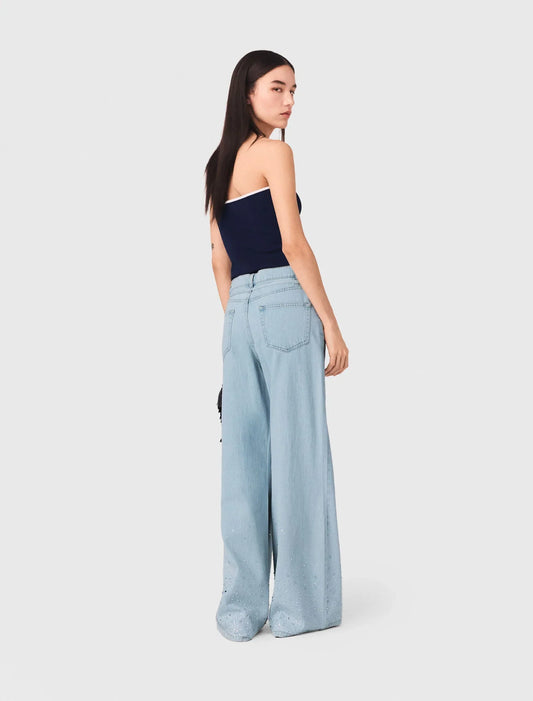 Wide-Leg Rhinestone Jeans Blue Sky