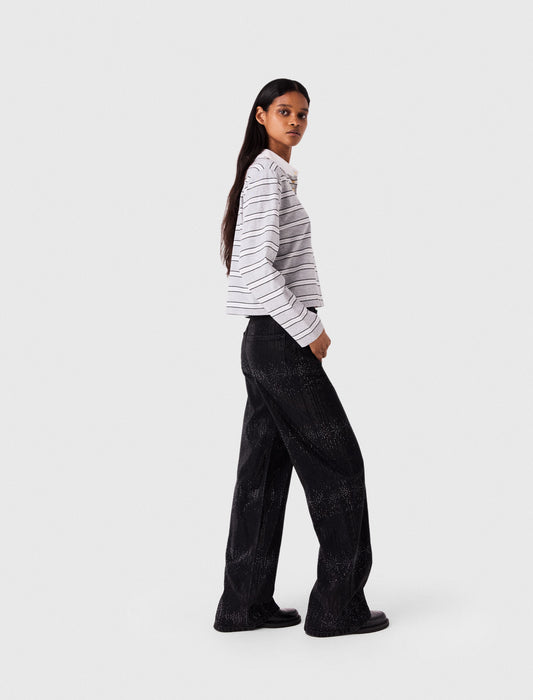 Wide-leg rhinestone jeans Black