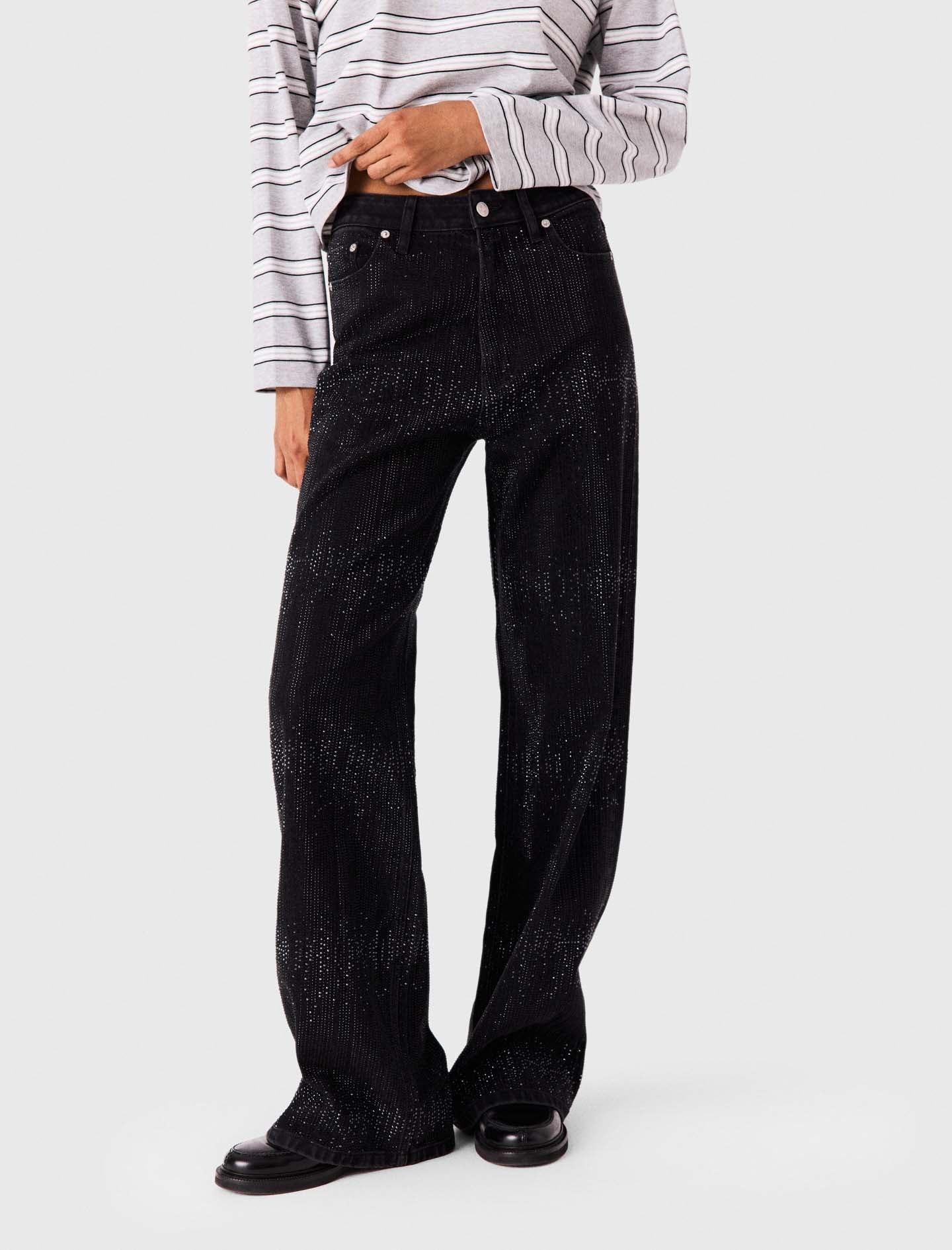 Wide-leg rhinestone jeans Black