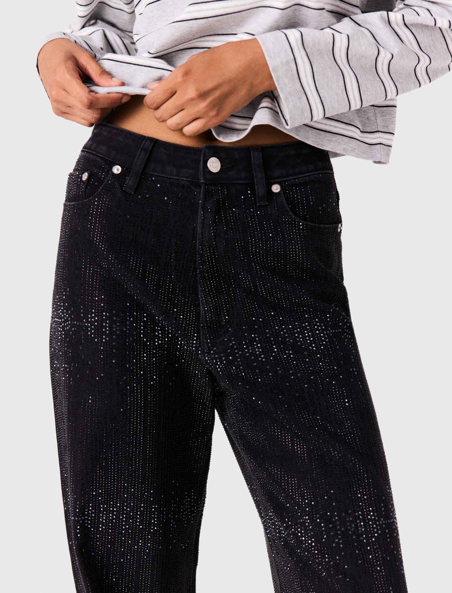 Wide-leg rhinestone jeans Black