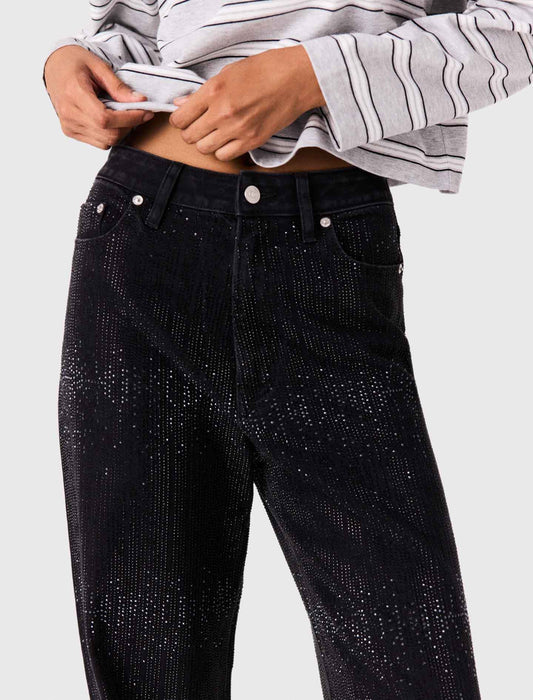 Wide-leg rhinestone jeans Black
