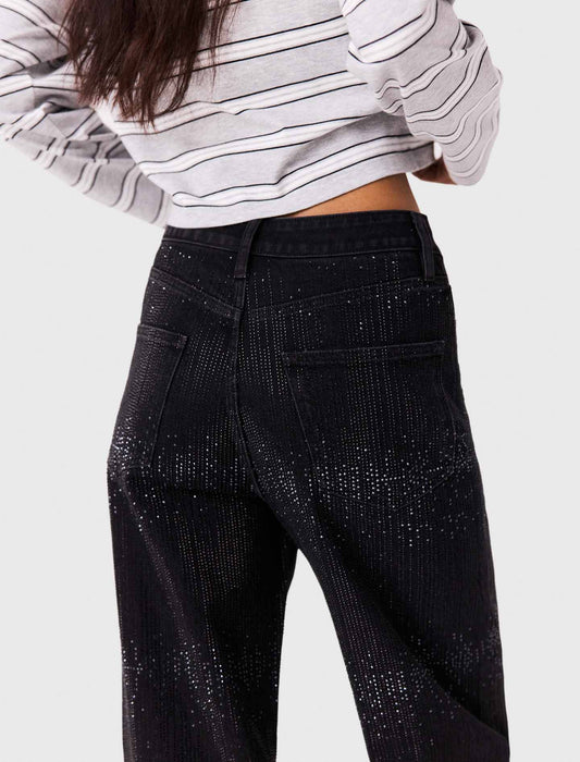 Wide-leg rhinestone jeans Black