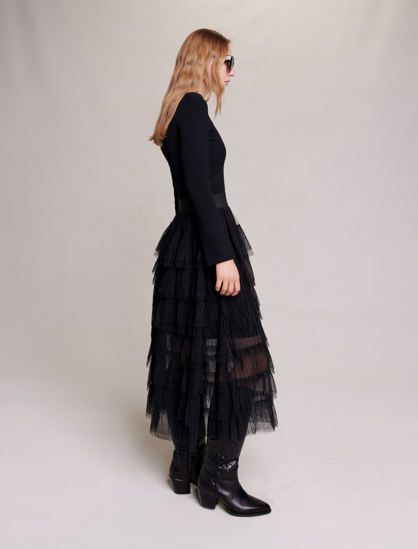 Black-tulle midi skirt