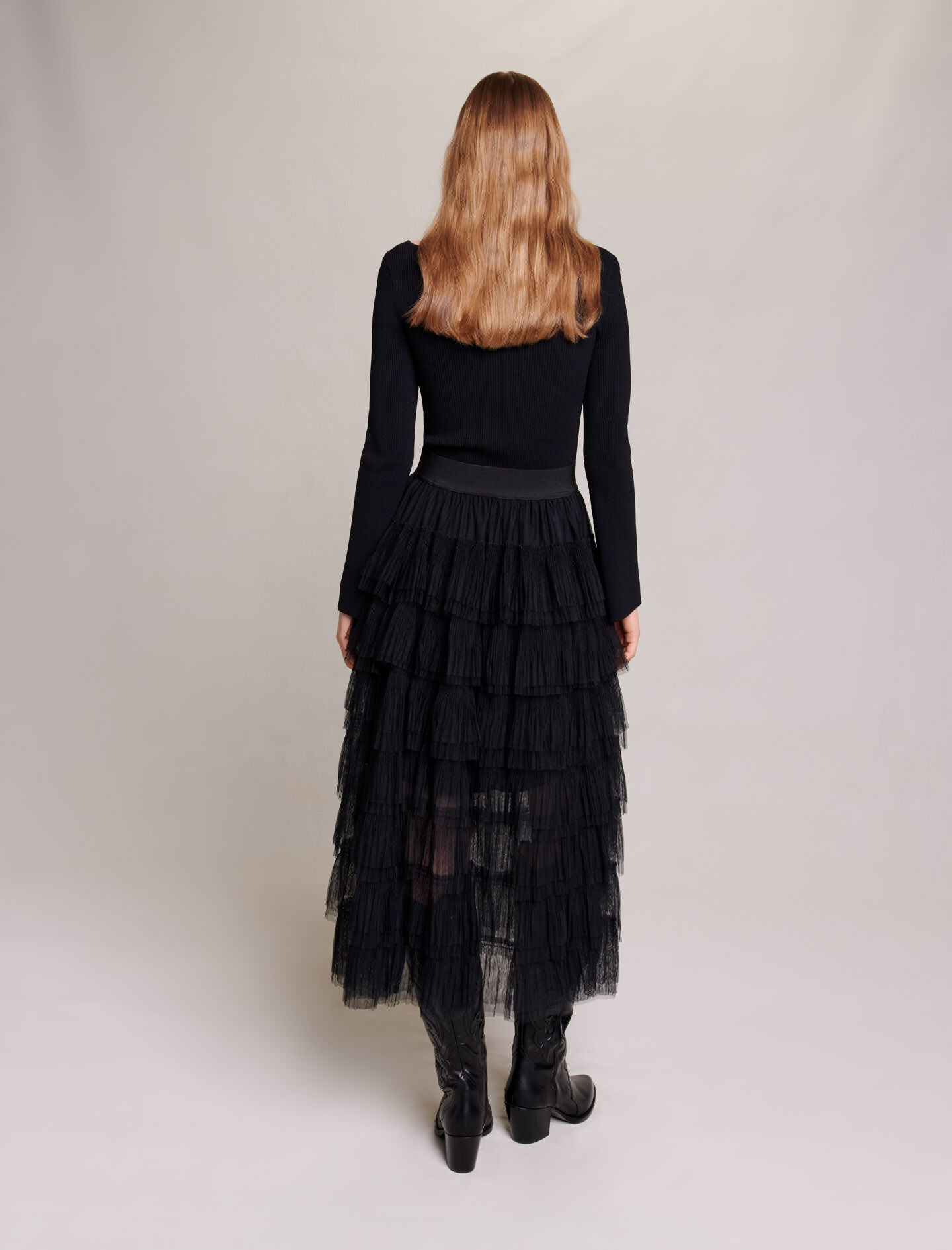 Black-tulle midi skirt