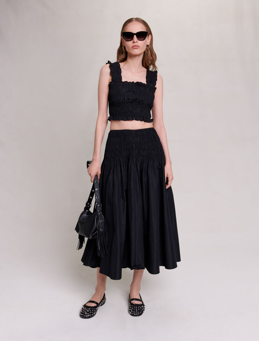 Black-featured-smocked maxi skirt