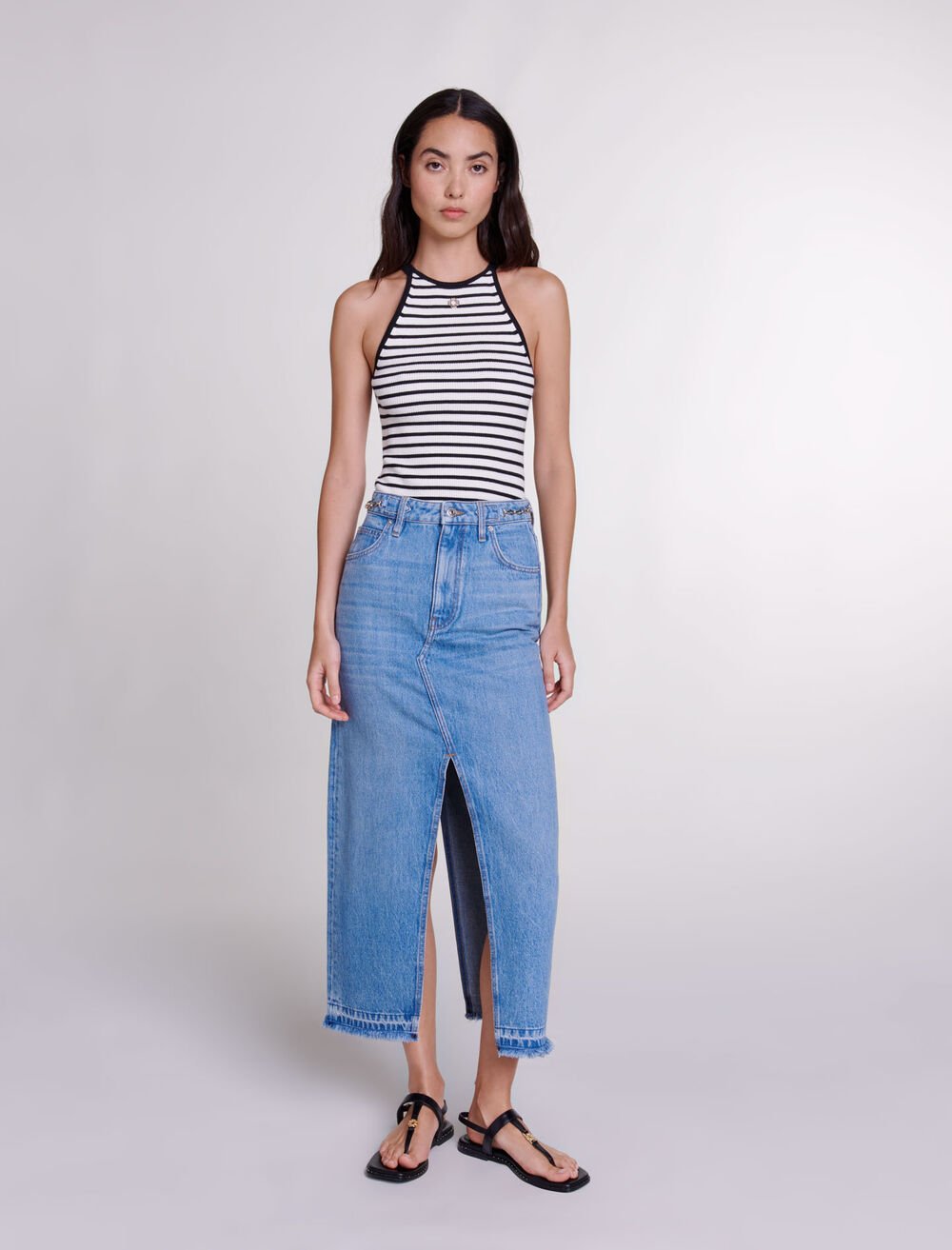 Blue-featured-Long denim skirt