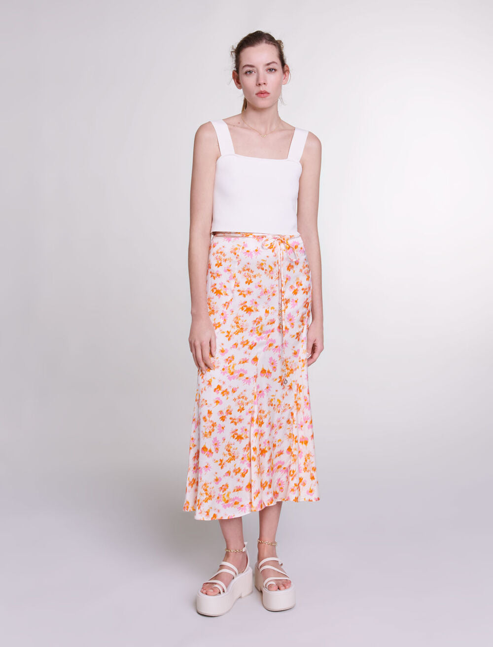 Sping Orange Flower Print-featured-Satin-effect floral skirt